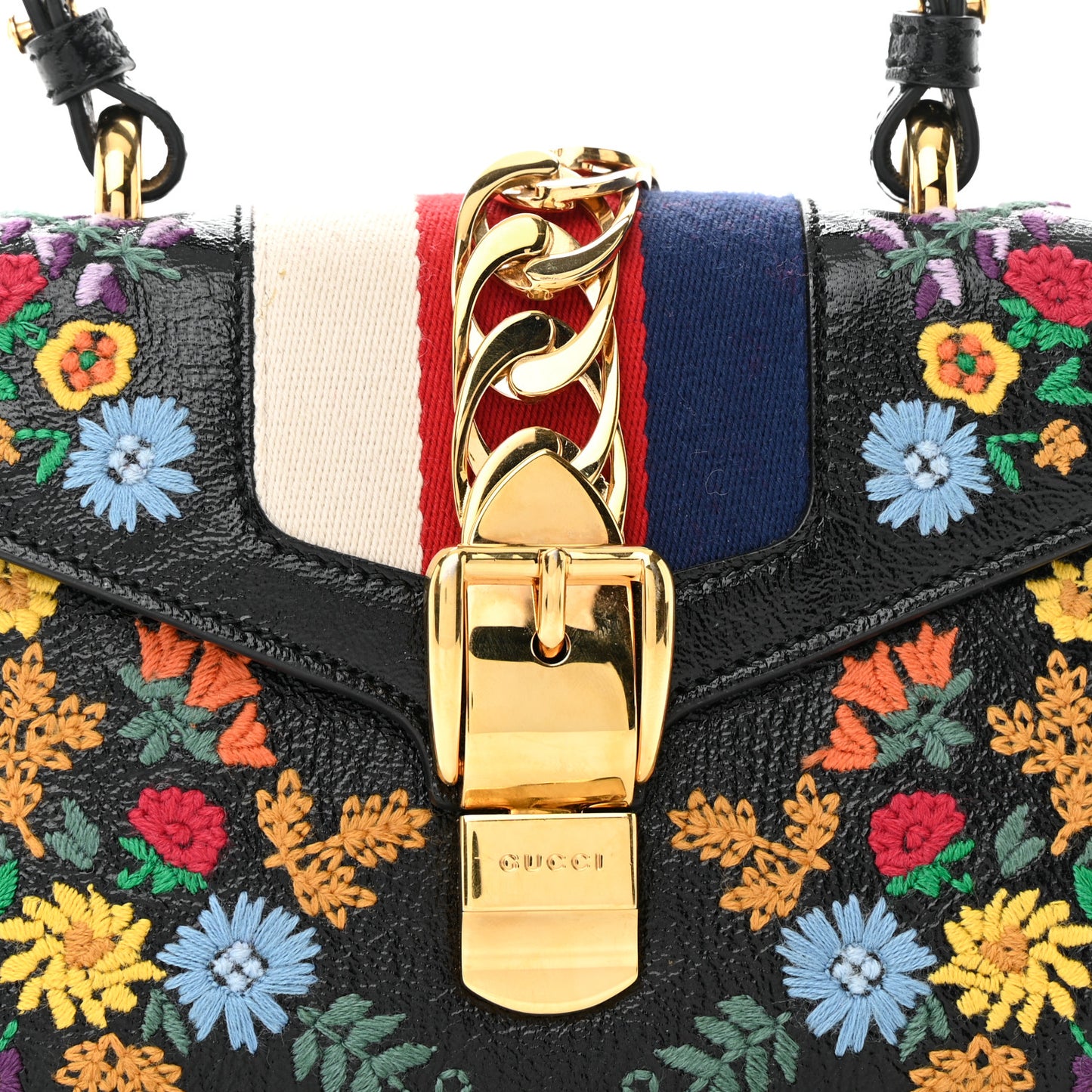 Patent Embroidered Mini Sylvie Top Handle Bag Black