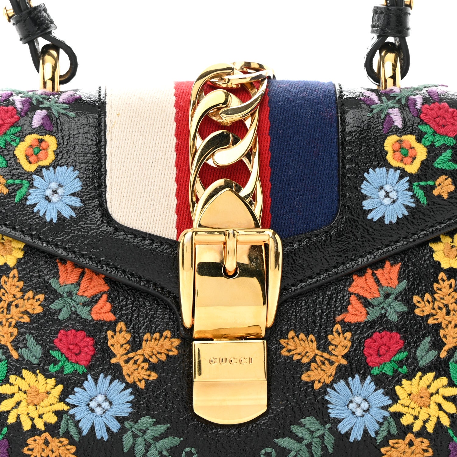 Gucci Patent Embroidered Mini Sylvie Top Handle Bag Black 9 of 11
