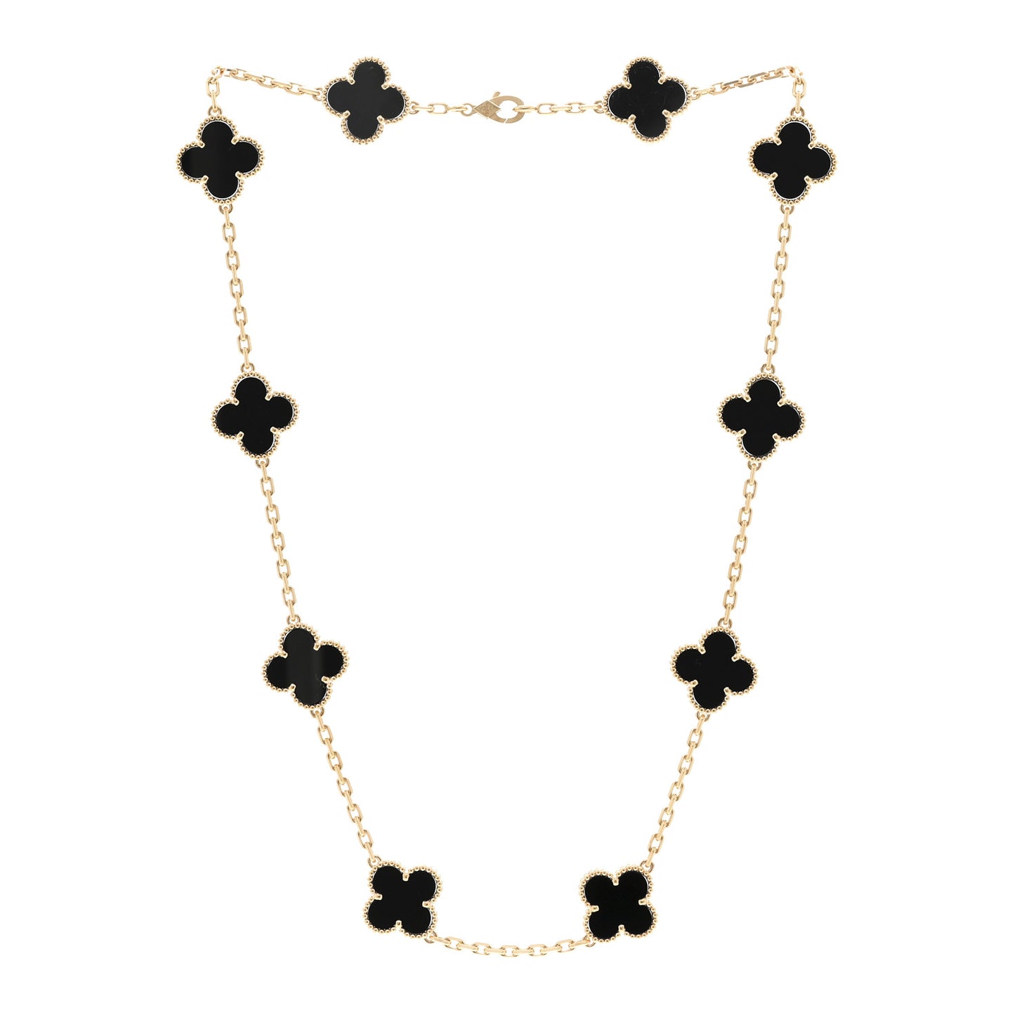 18K Yellow Gold Black Onyx 10 Motifs Vintage Alhambra Necklace