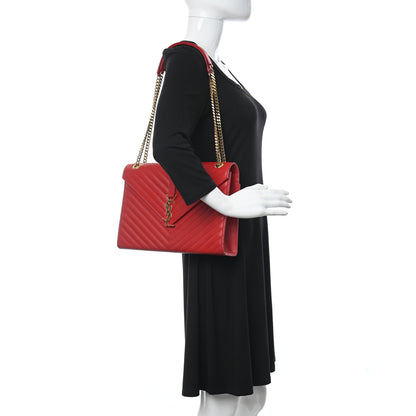 Saint Laurent Smooth Calfskin Matelasse Chevron Large Monogram Satchel Red 2 of 12