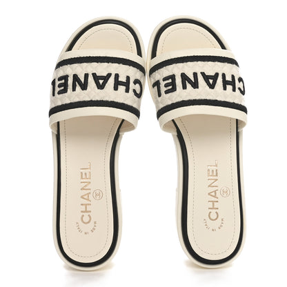 Chanel Lambskin Embroidered Logo Mules 36 Ivory Black 2 of 11