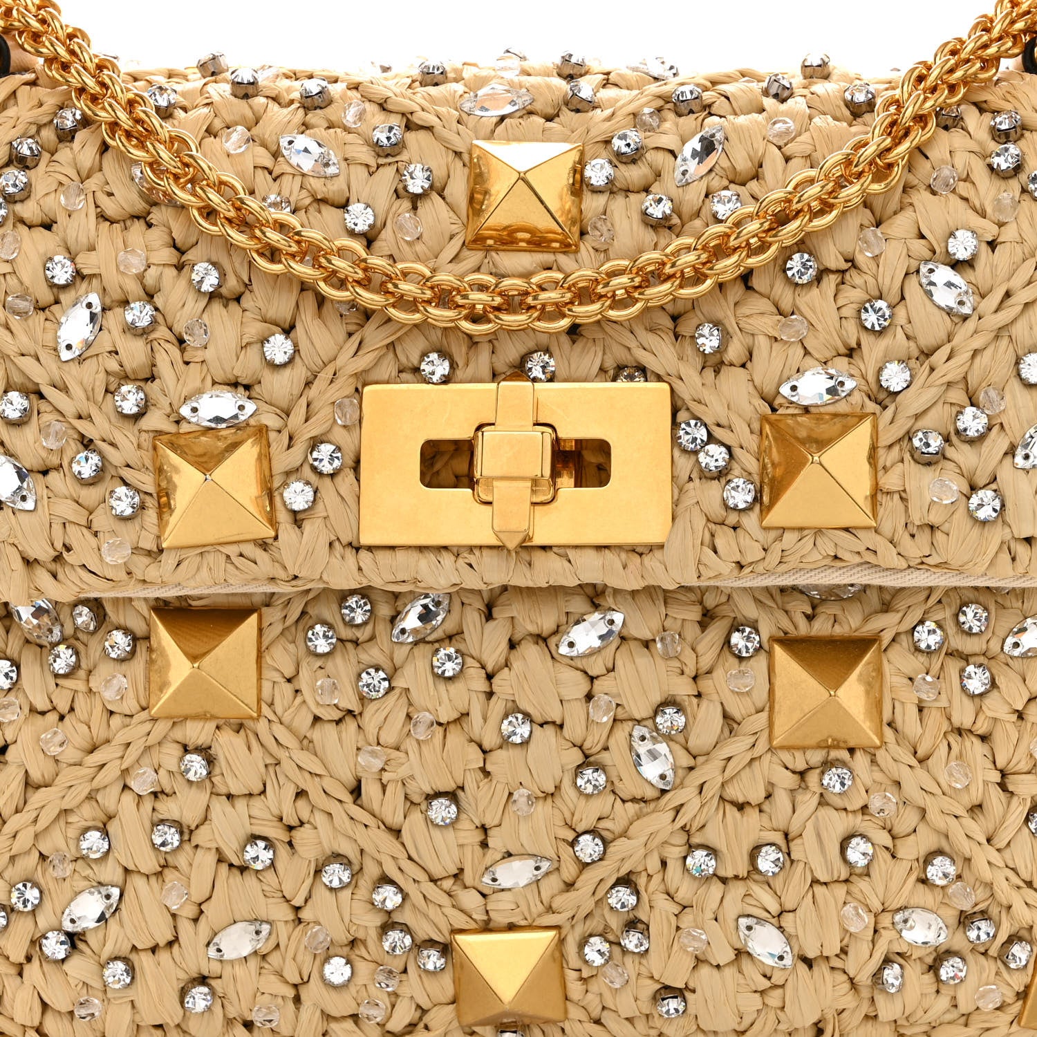 Valentino Garavani Raffia Crystal Medium Roman Stud Shoulder Bag Naturale Crystal 7 of 11