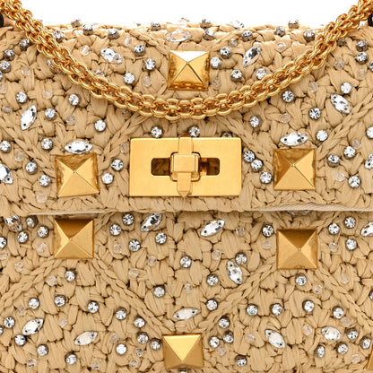 Valentino Garavani Raffia Crystal Medium Roman Stud Shoulder Bag Naturale Crystal 7 of 11
