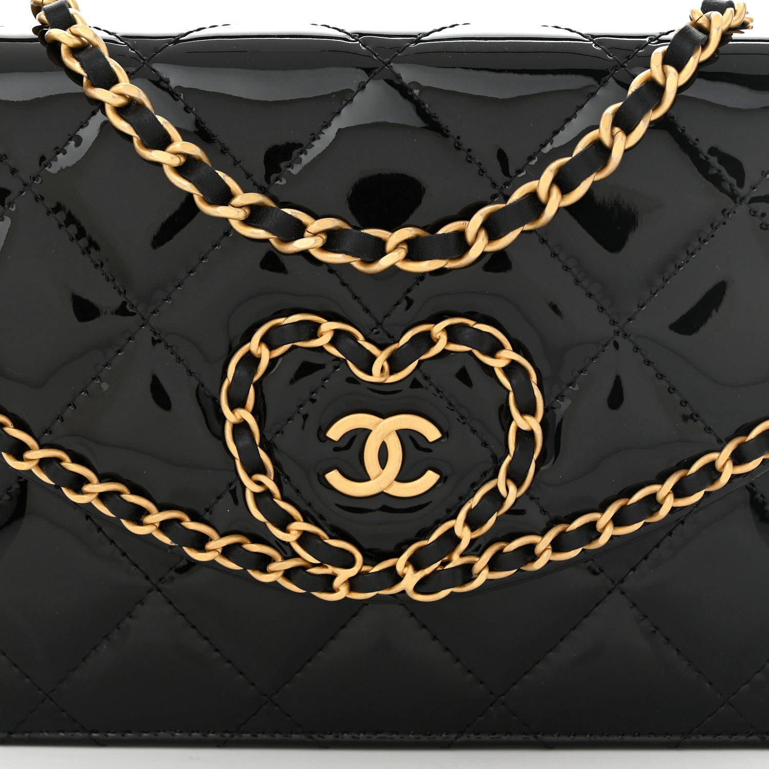Chanel Patent Quilted Chain Around Heart Wallet On Chain WOC Black 9 of 12