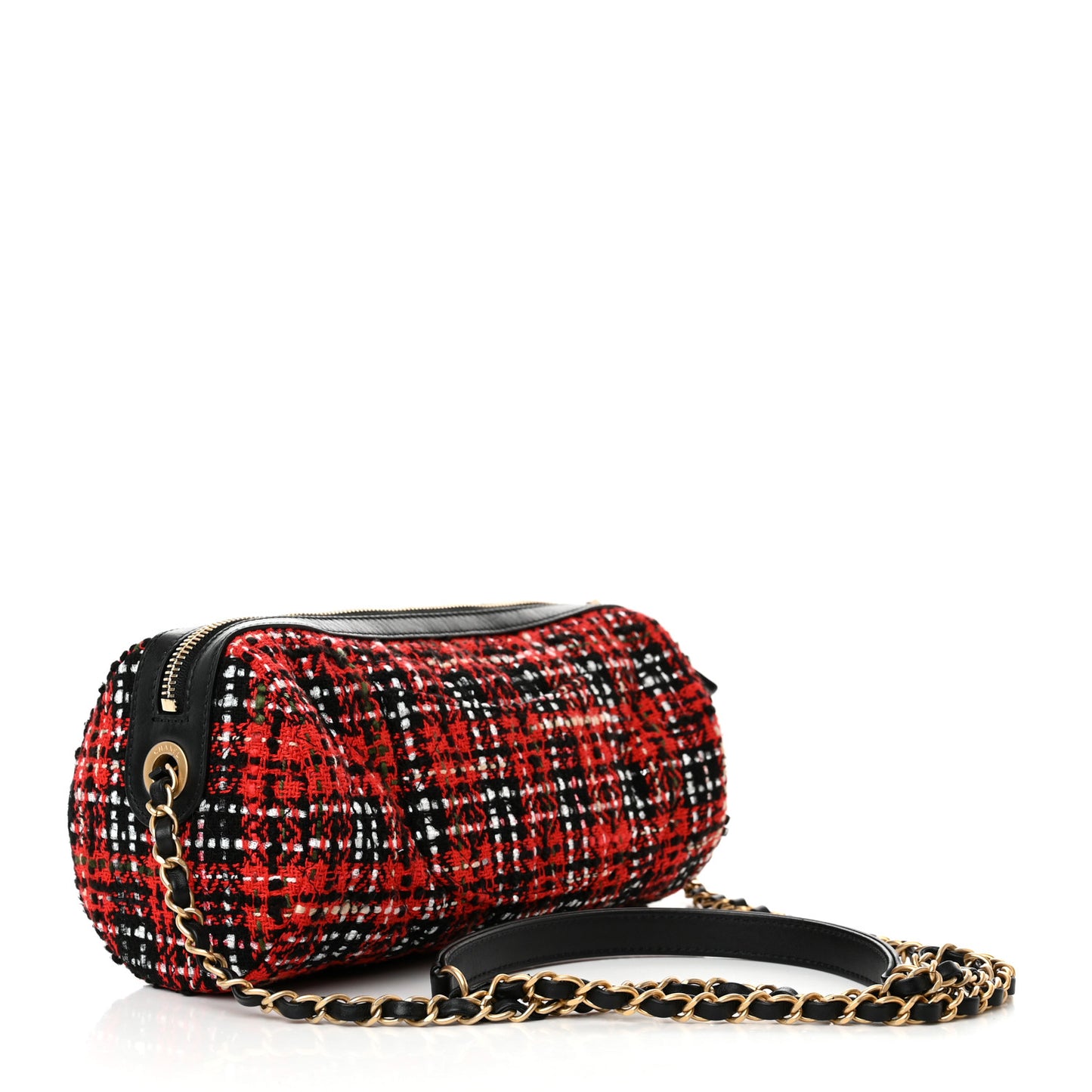 Tweed Calfskin Signe Bowling Bag Red Black