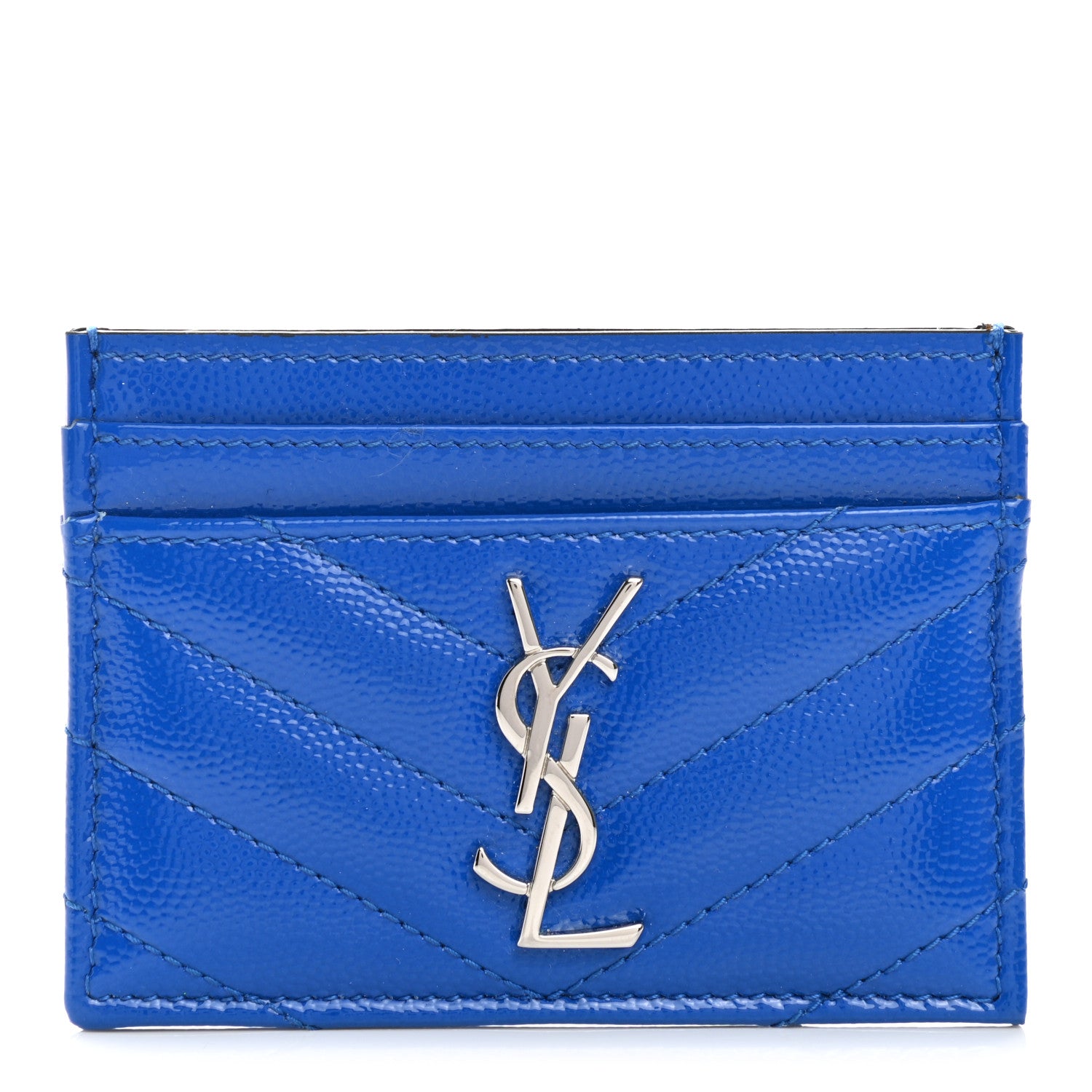 Saint Laurent Patent Grain De Poudre Matelasse Monogram Credit Card Case Blue Majorelle 1 of 7