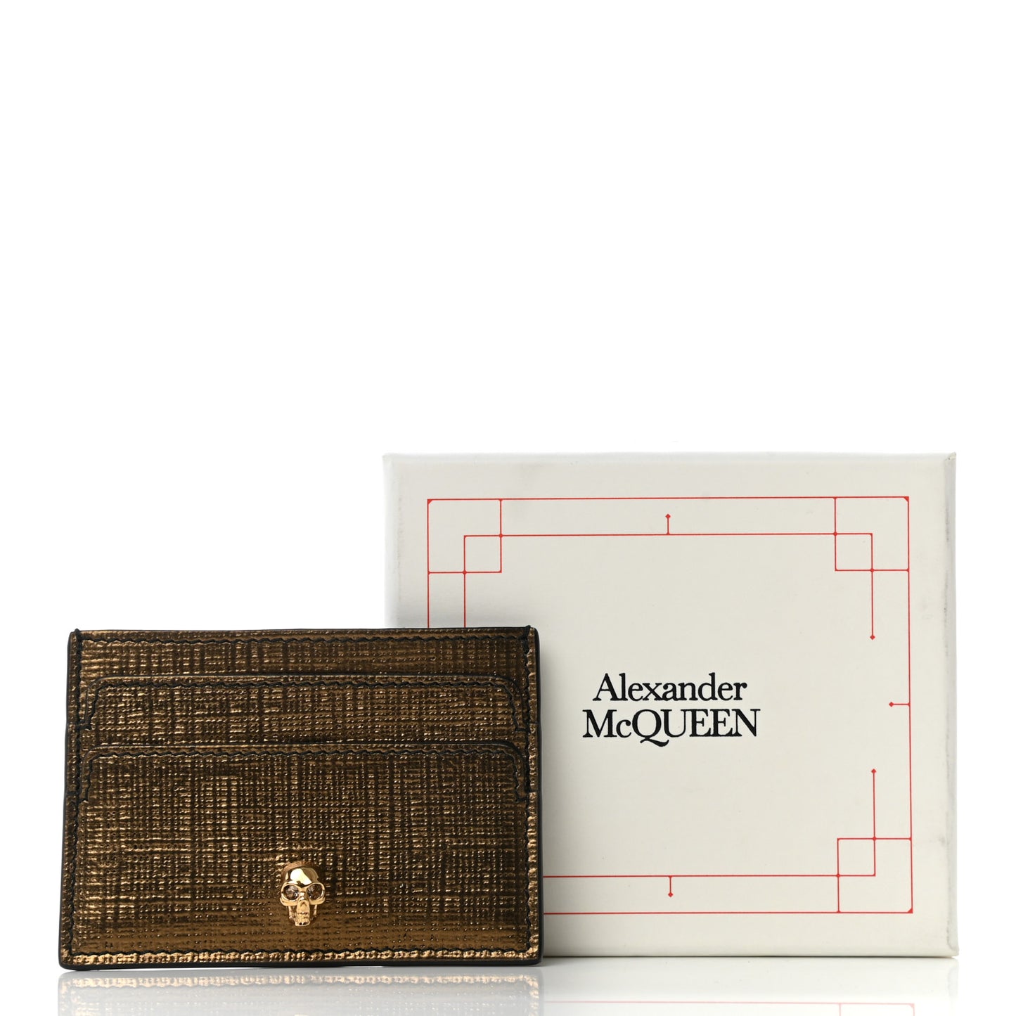 Metallic Textured Calfskin Skull Card Holder Gold