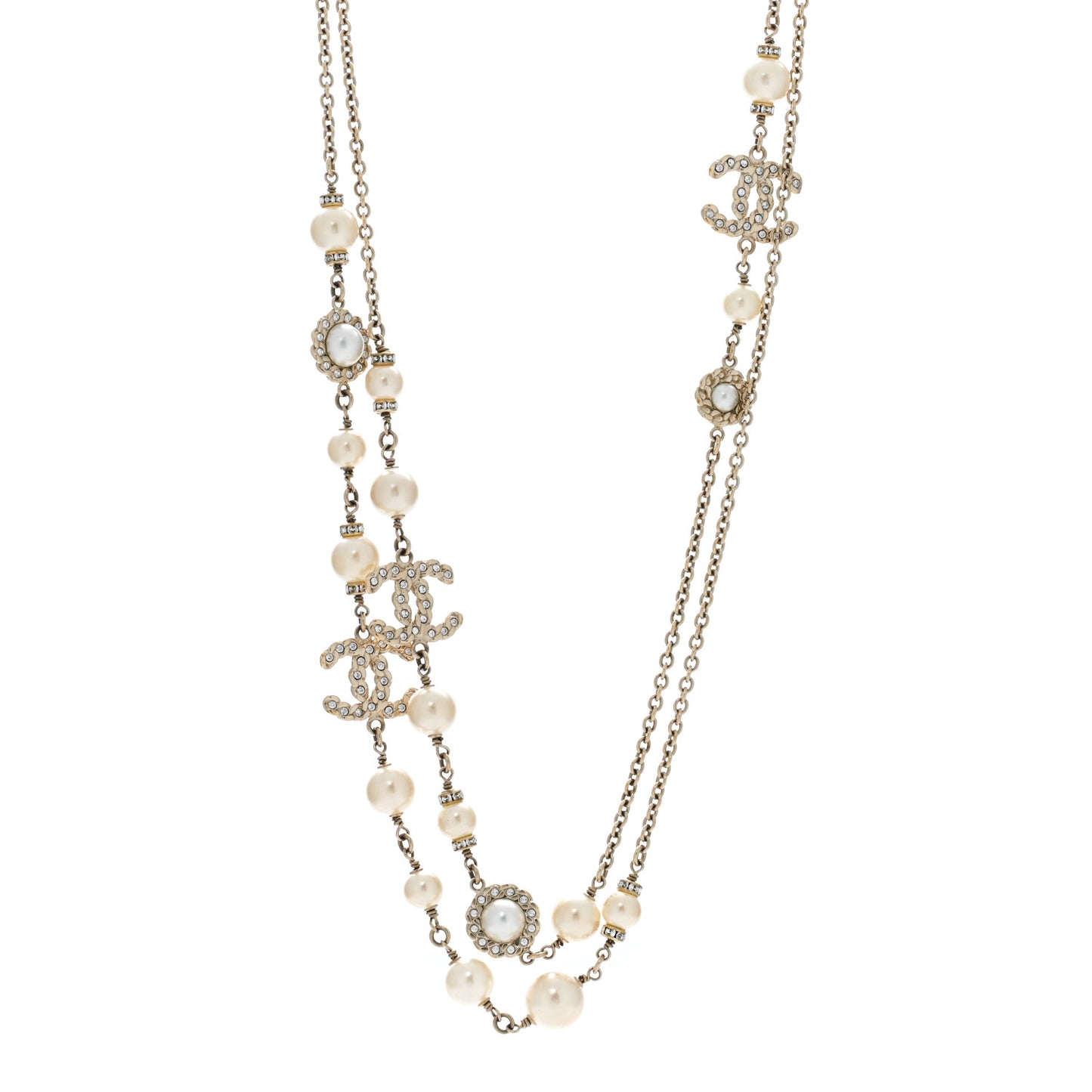 Pearl Crystal CC Long Necklace Gold