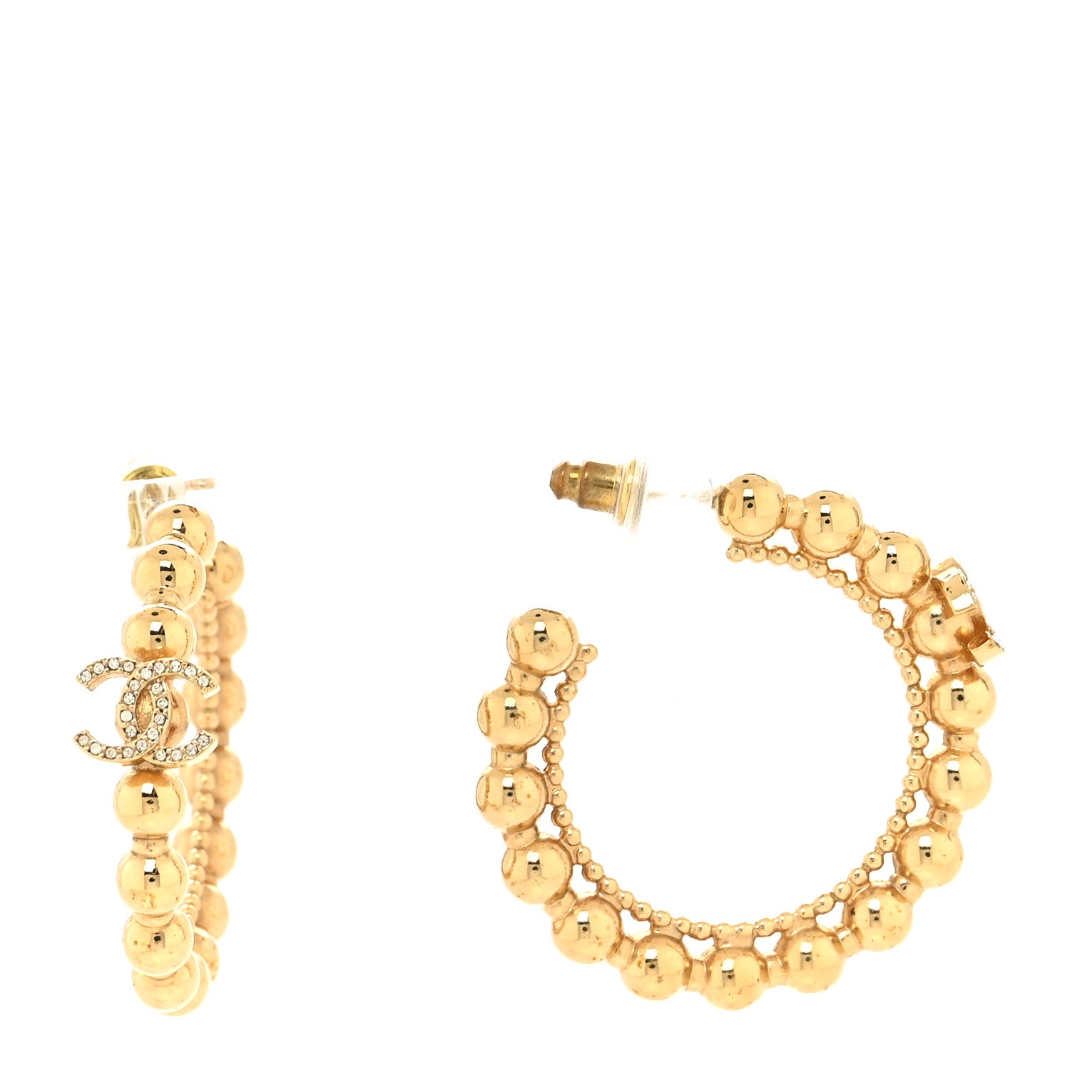 Chanel Crystal Bead CC Hoop Earrings Gold 1 of 4