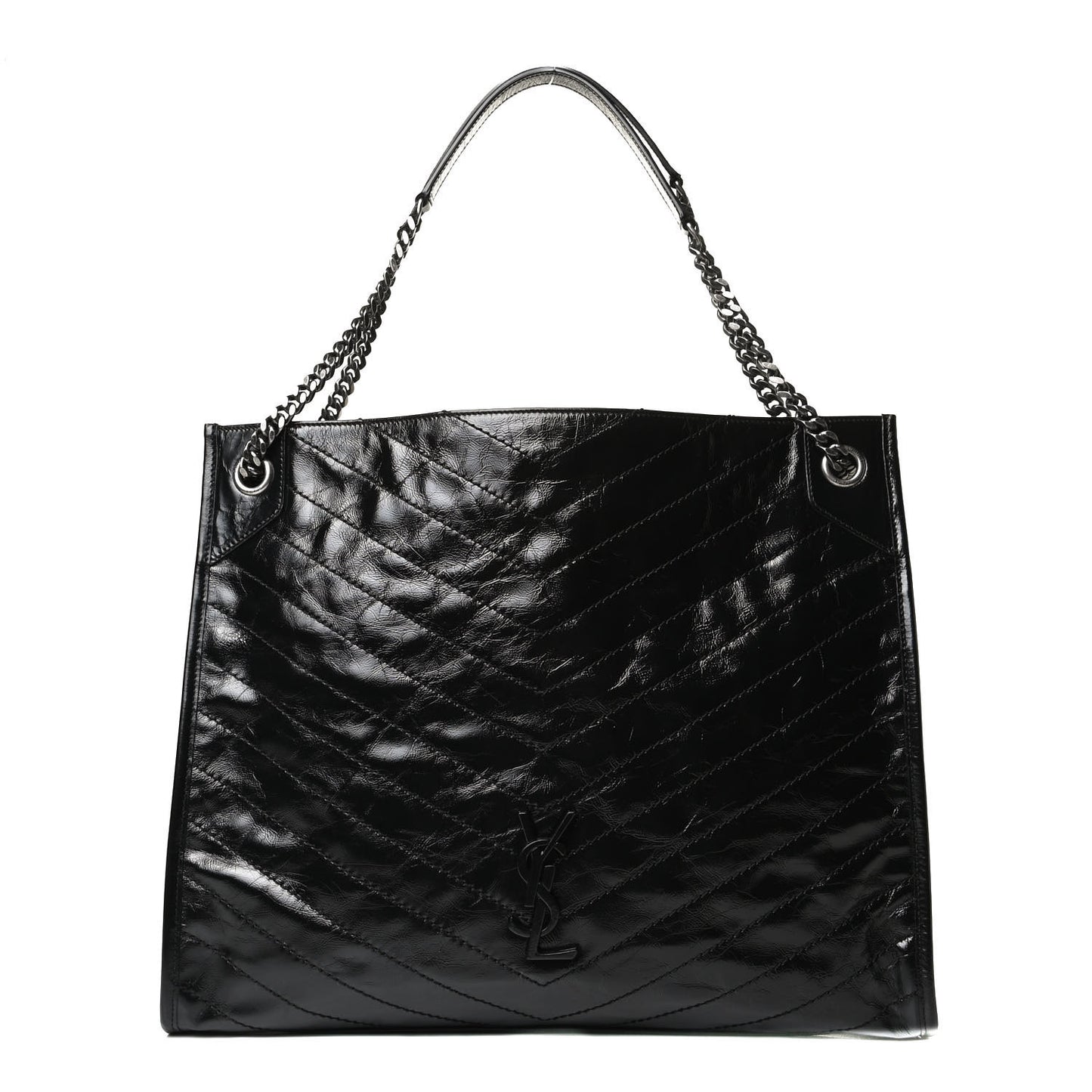 Crinkled Calfskin Matelasse Monogram Medium Niki Shopper Tote Black