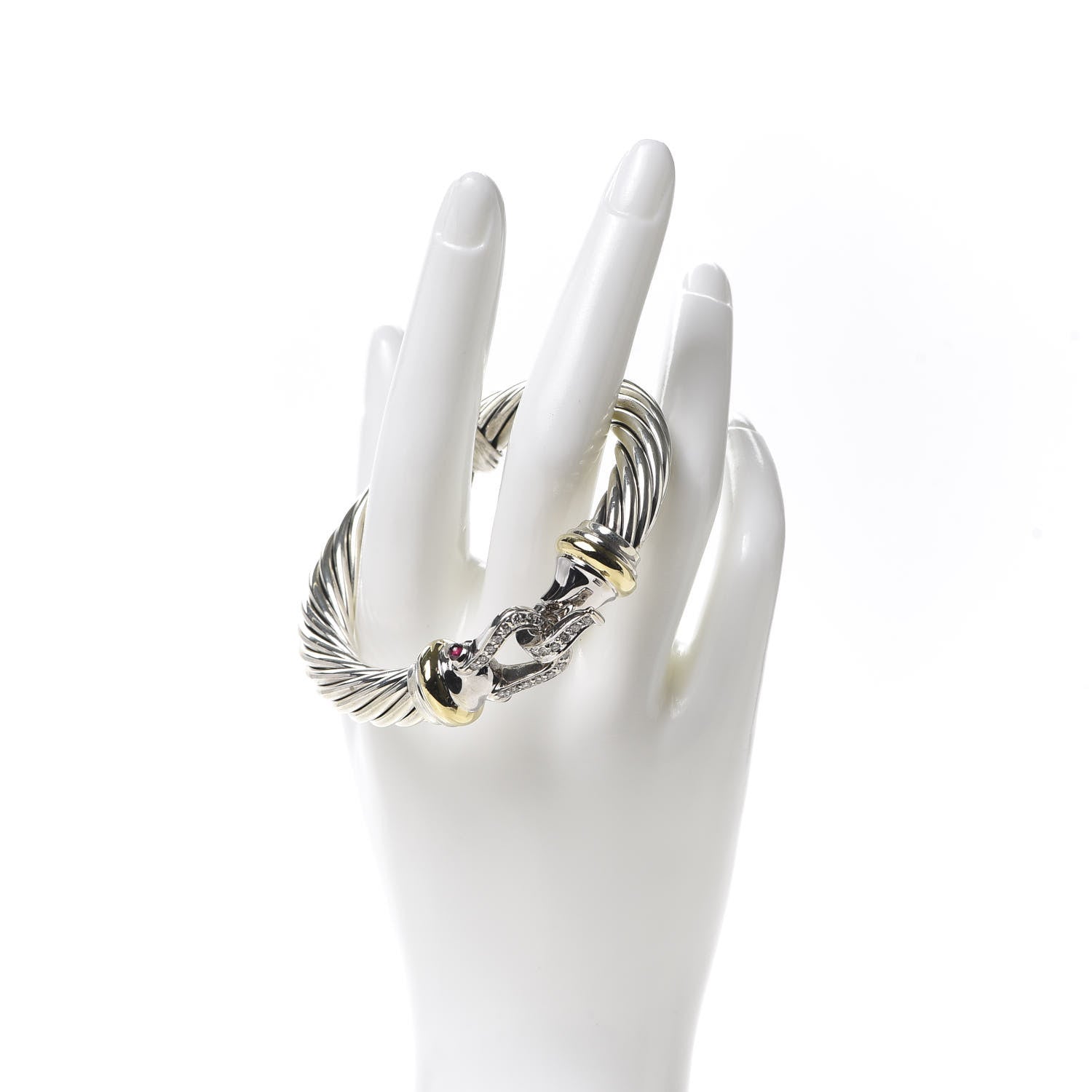 David Yurman Sterling Silver 18K Yellow Gold Diamond Garnet 10mm Cable Buckle Bracelet 2 of 5