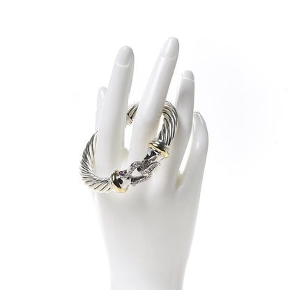David Yurman Sterling Silver 18K Yellow Gold Diamond Garnet 10mm Cable Buckle Bracelet 2 of 5
