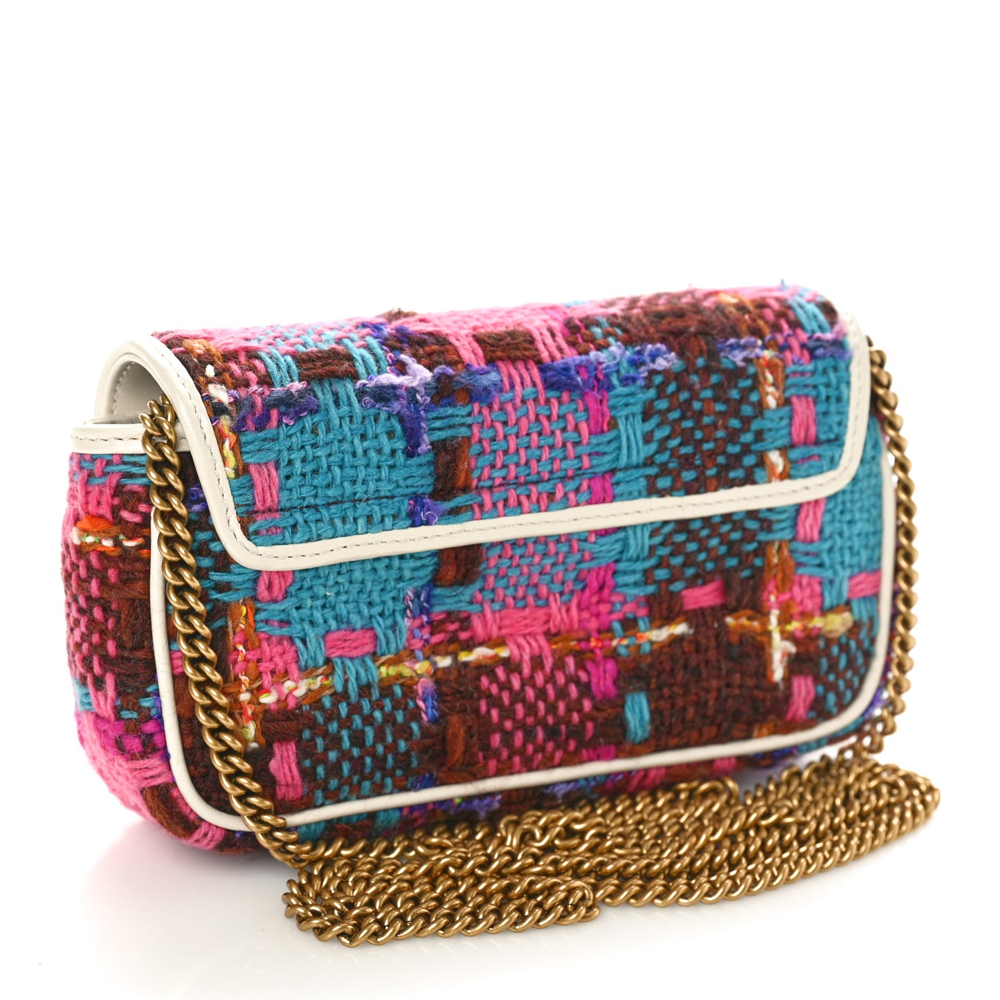 Tweed Calfskin Spicy Check Super Mini GG Marmont Shoulder Bag Pink Multicolor Mystic White