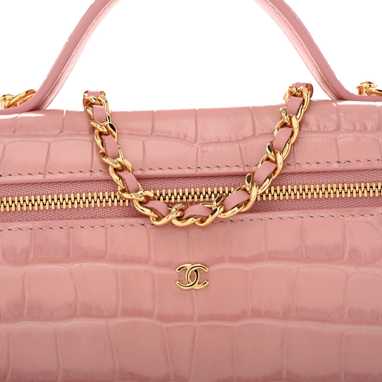 Calfskin Crocodile Embossed Crococo Top Handle Slim Vanity Case With Chain Light Pink