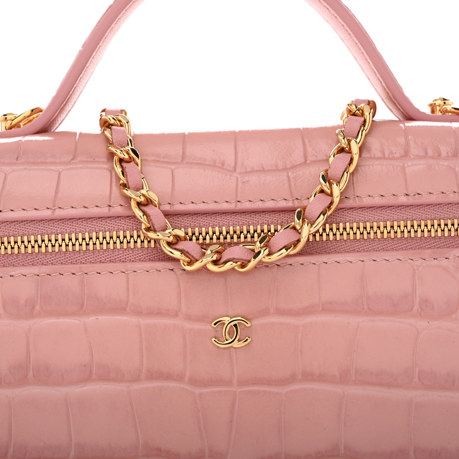 Chanel Calfskin Crocodile Embossed Crococo Top Handle Slim Vanity Case With Chain Light Pink 8 of 12