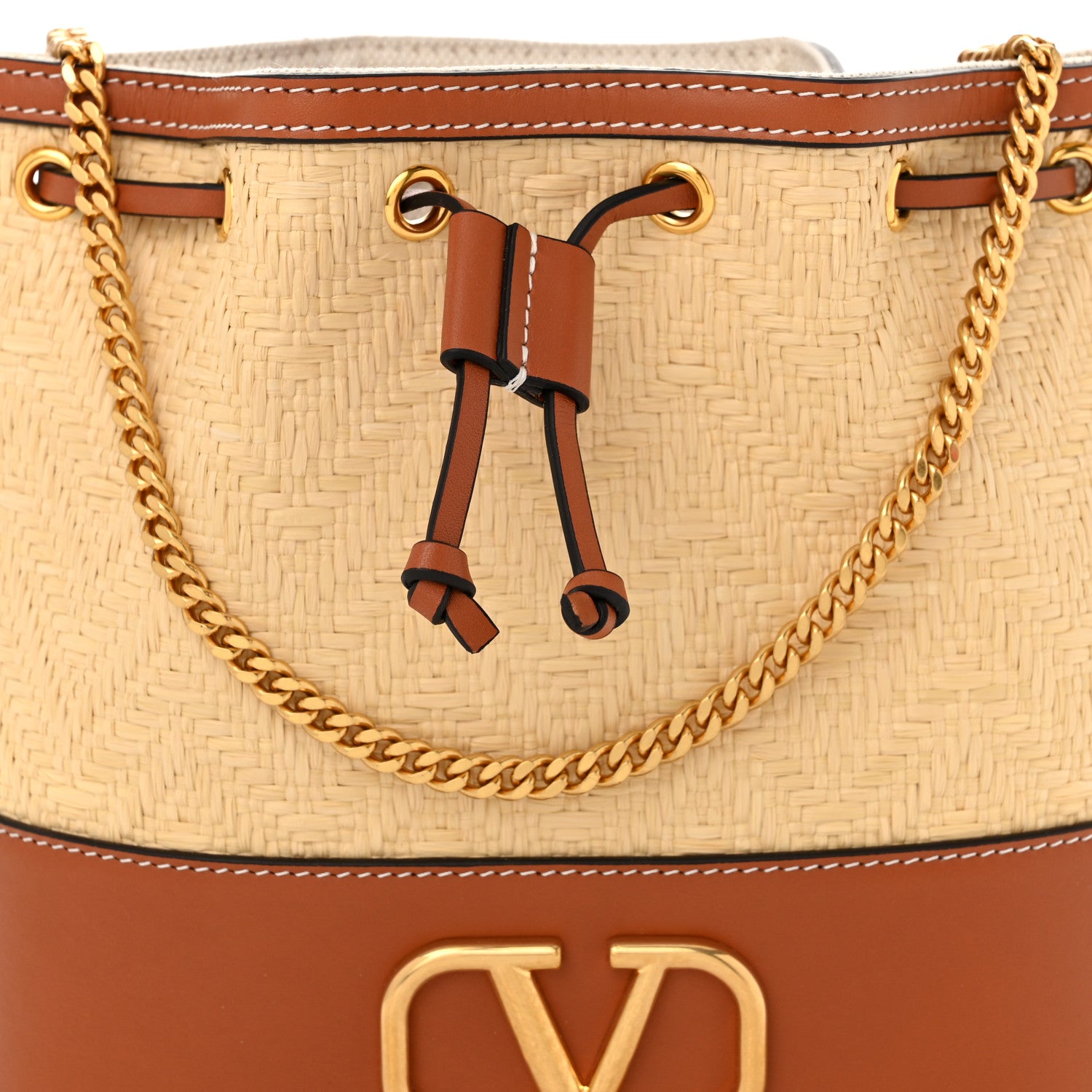 Valentino Garavani Raffia Calfskin Vlogo Drawstring Shoulder Bag Naturale Saddle Brown 7 of 10