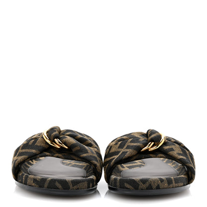 Fendi Fabric Jacquard Nappa FF Womens Fendi Feel Slide Sandals 38 Tobacco Black Miele Scuro 3 of 9
