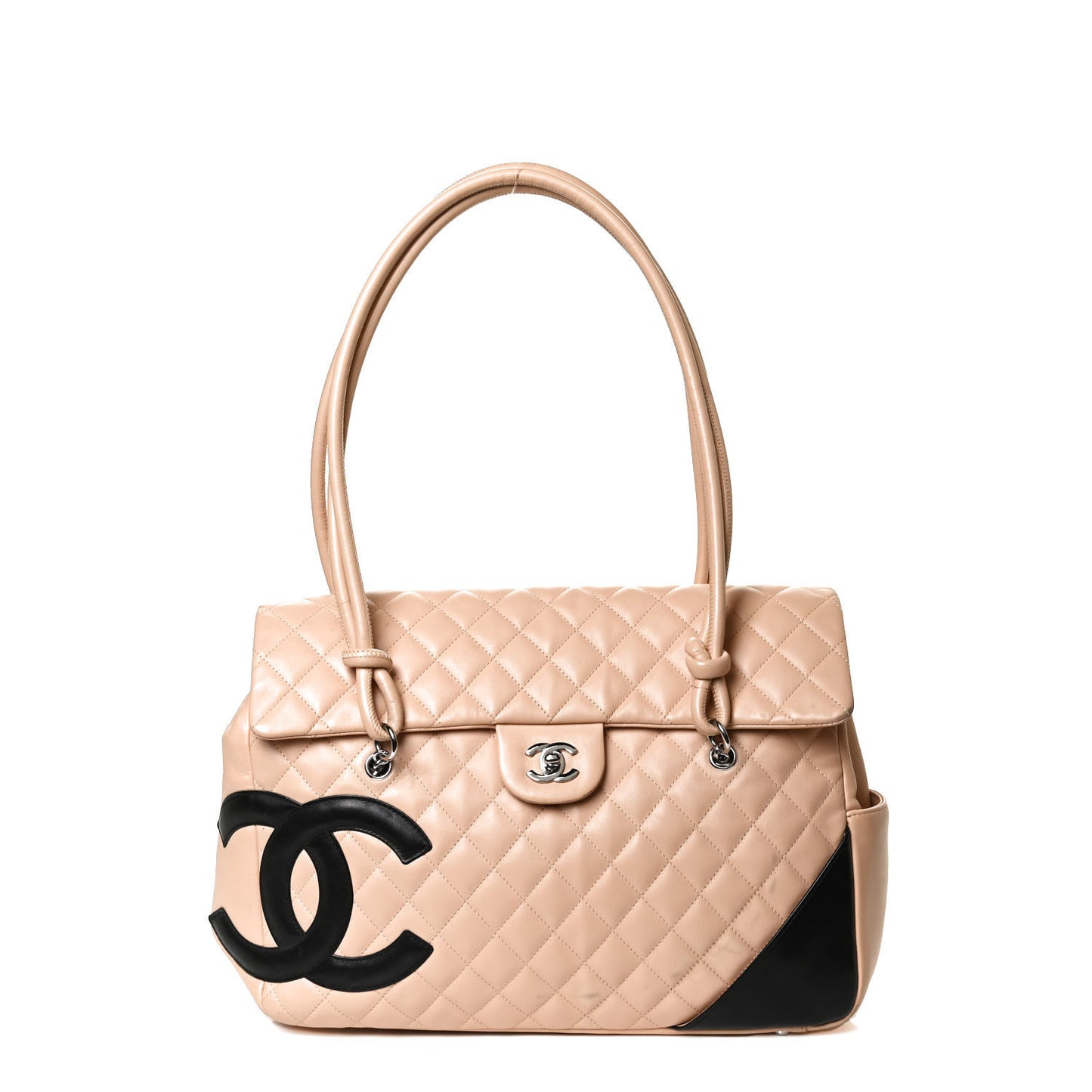 Calfskin Quilted Large Cambon Flap Beige Black