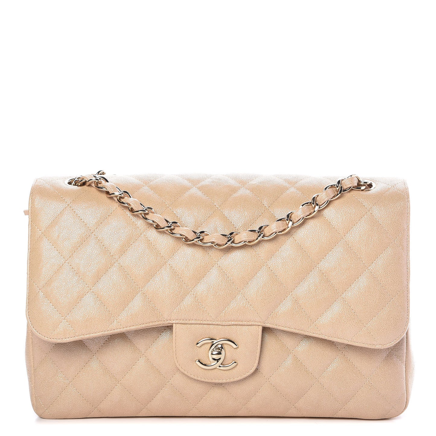 Iridescent Caviar Quilted Jumbo Double Flap Beige