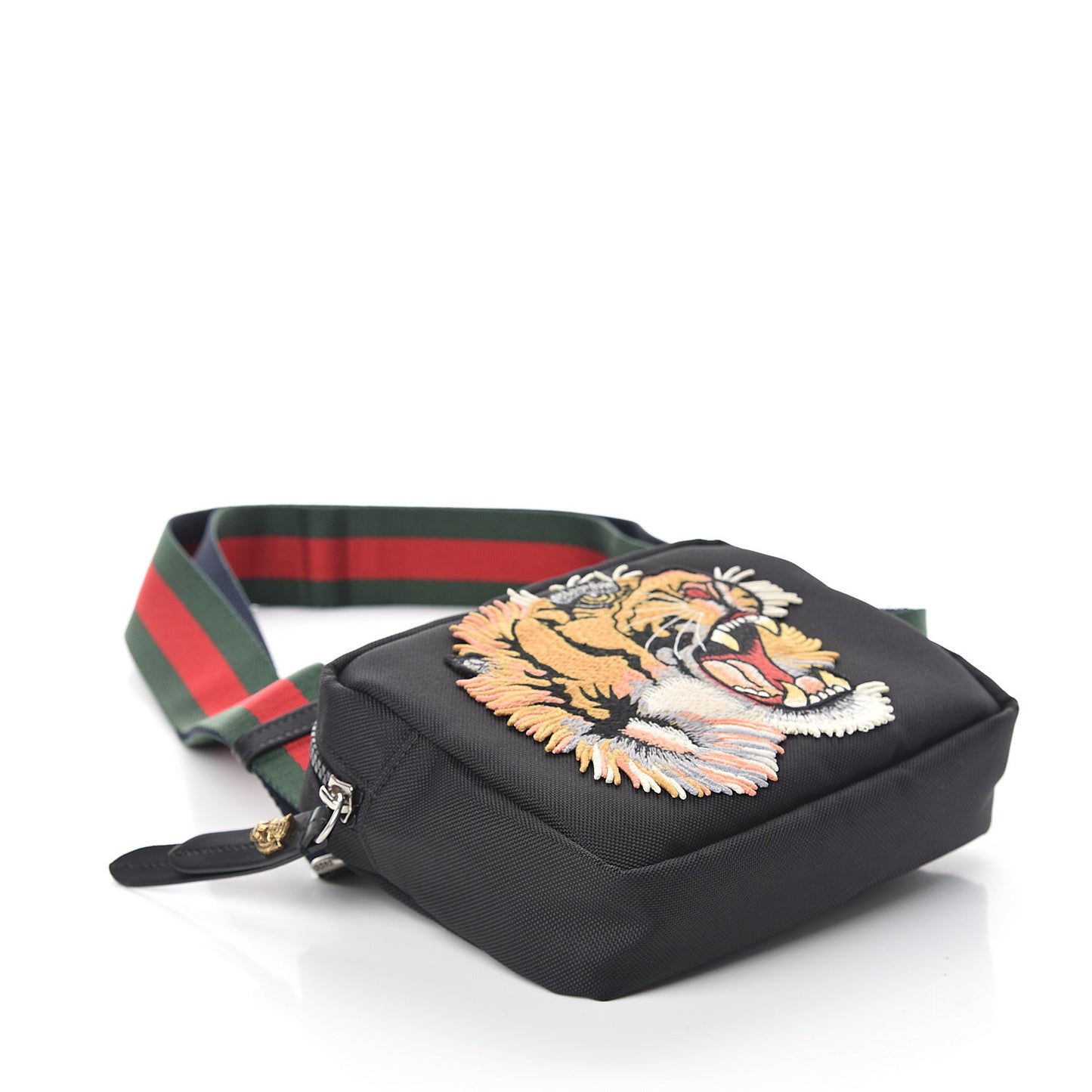 Canvas Web Tiger Embroidered Messenger Bag Black