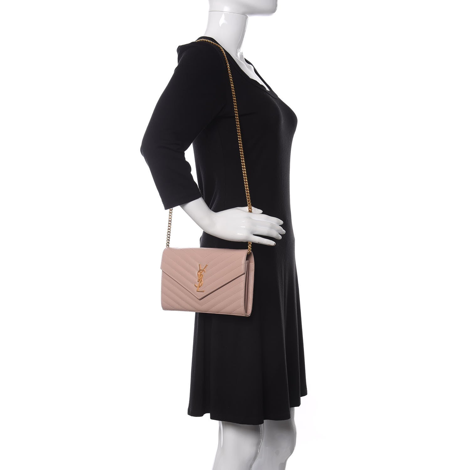Saint Laurent Grain De Poudre Matelasse Chevron Monogram Chain Wallet Pale Pink 2 of 12