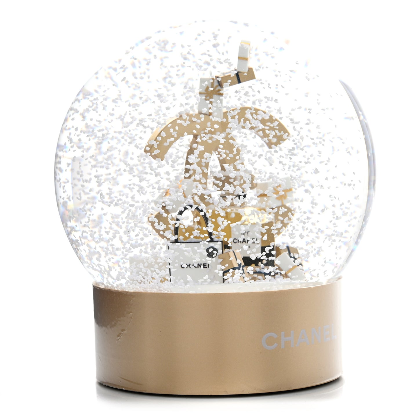 Glass CC Shopping Bag Snow Globe Gold