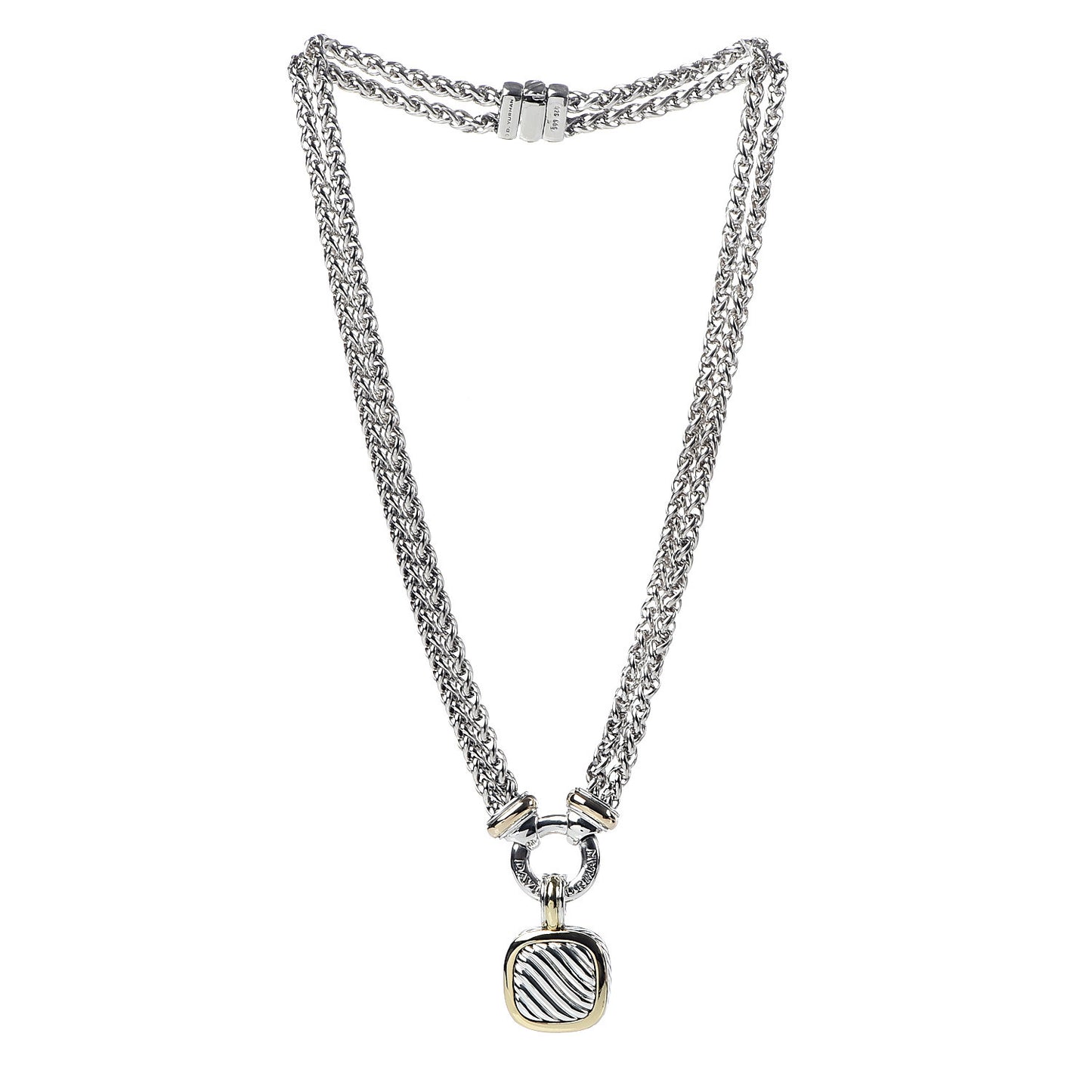 Sterling Silver 18K Yellow Gold 14K Yellow Gold Double Wheat Chain Carved Cable Pendant Necklace
