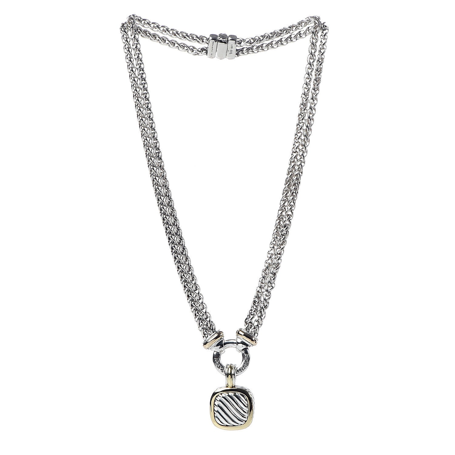 David Yurman Sterling Silver 18K Yellow Gold 14K Yellow Gold Double Wheat Chain Carved Cable Pendant Necklace 3 of 7