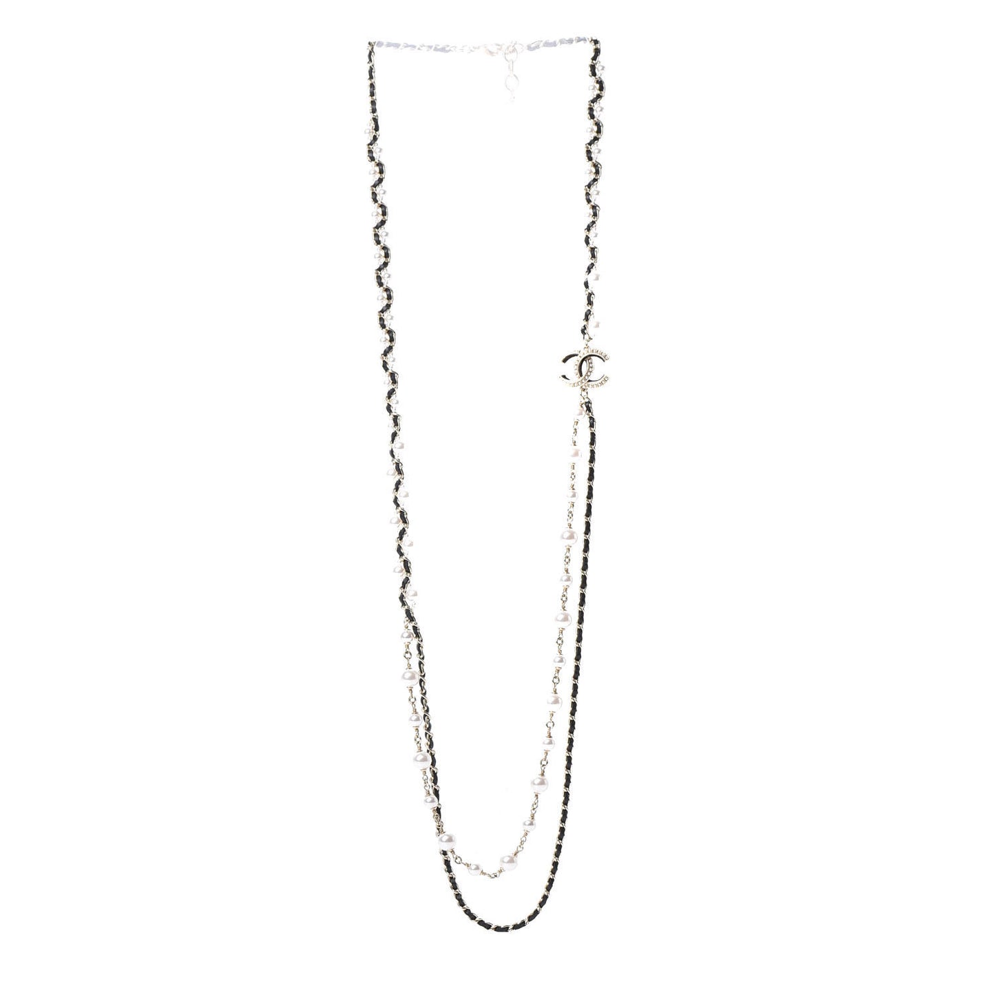 Lambskin Pearl CC Chain Multi Strand Necklace Black Gold