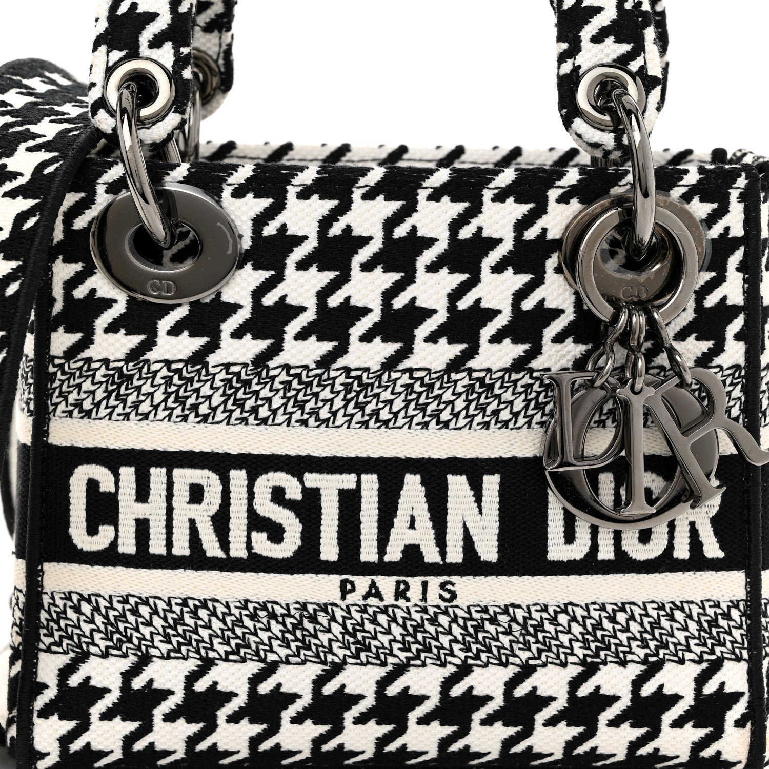 Christian Dior Canvas Houndstooth Embroidered Mini Lady D-Lite Black White 7 of 11
