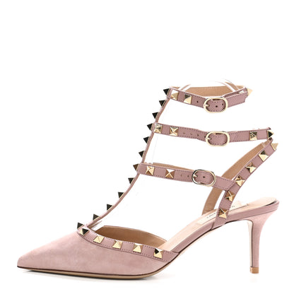 Valentino Garavani Suede Rockstud Ankle Strap Low Heel Pumps 37 Poudre 1 of 10