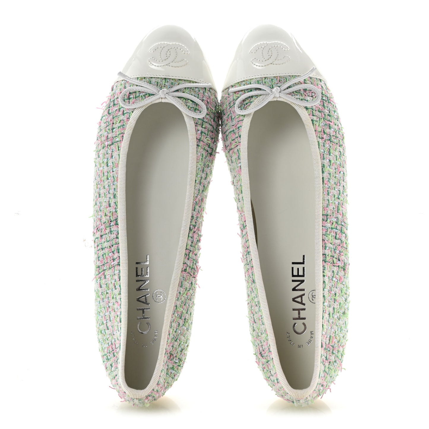 Cotton Tweed Patent Calfskin Cap Toe Ballerina Flats 40.5  Green Pink Turquoise White