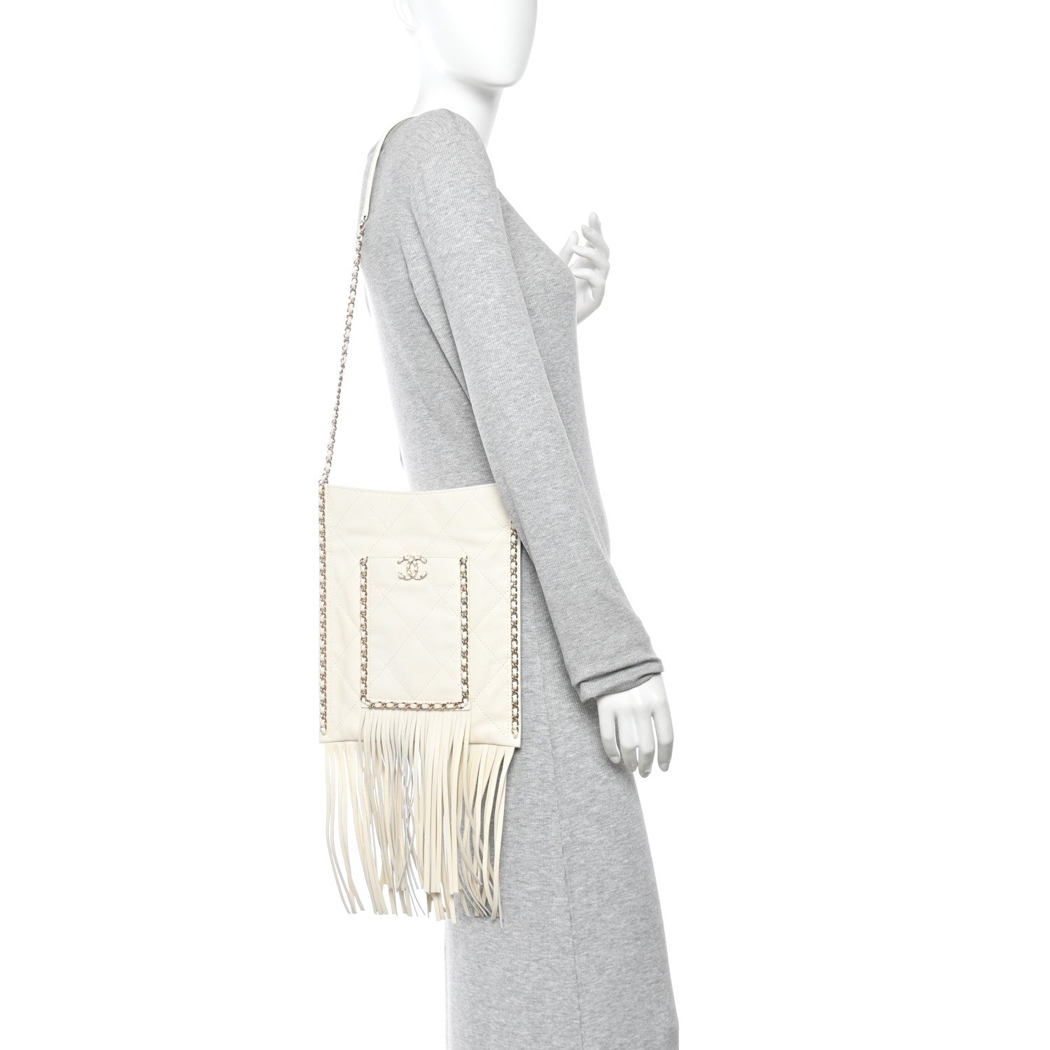 Chanel Calfskin Quilted Fringe Small Shopping Bag White 1878893