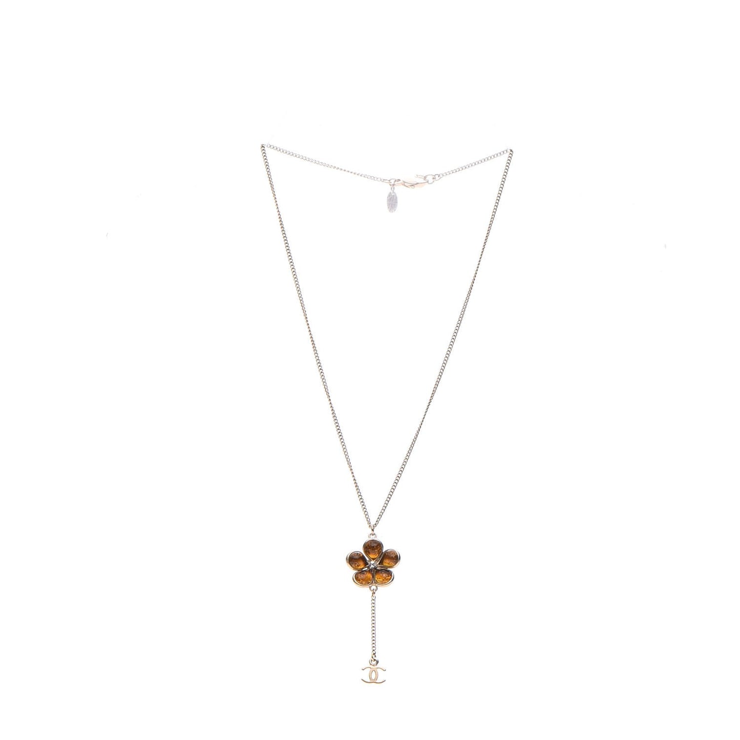 Crystal Gripoix CC Camellia Flower Drop Necklace Gold