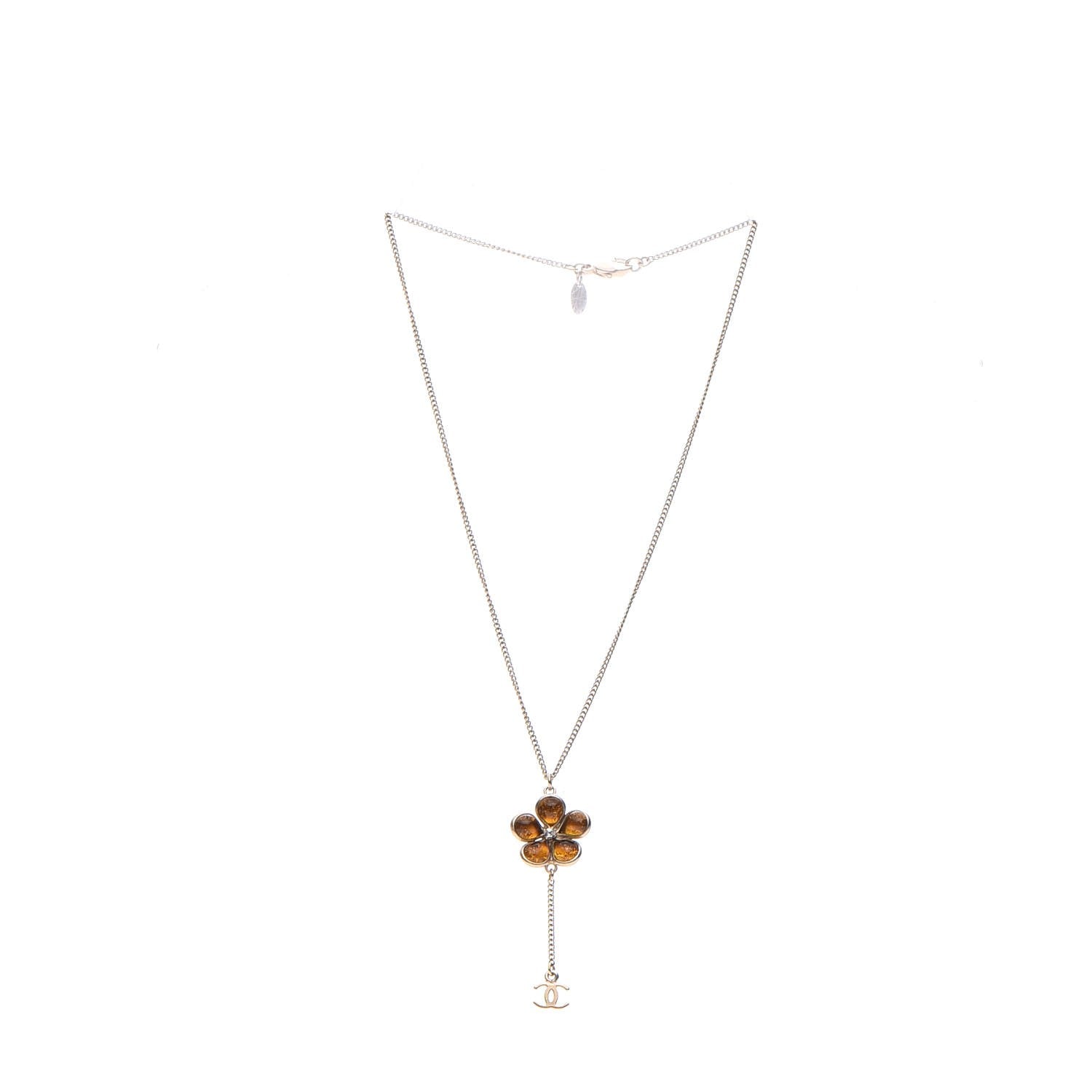 Chanel Crystal Gripoix CC Camellia Flower Drop Necklace Gold 3 of 5