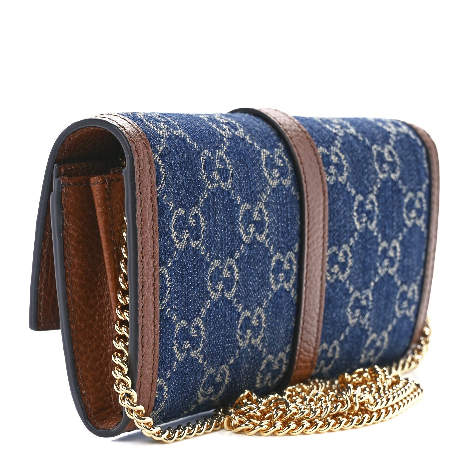 Gucci New Denim GG Monogram Jackie 1961 Chain Wallet Blue Tea Cuir 3 of 11