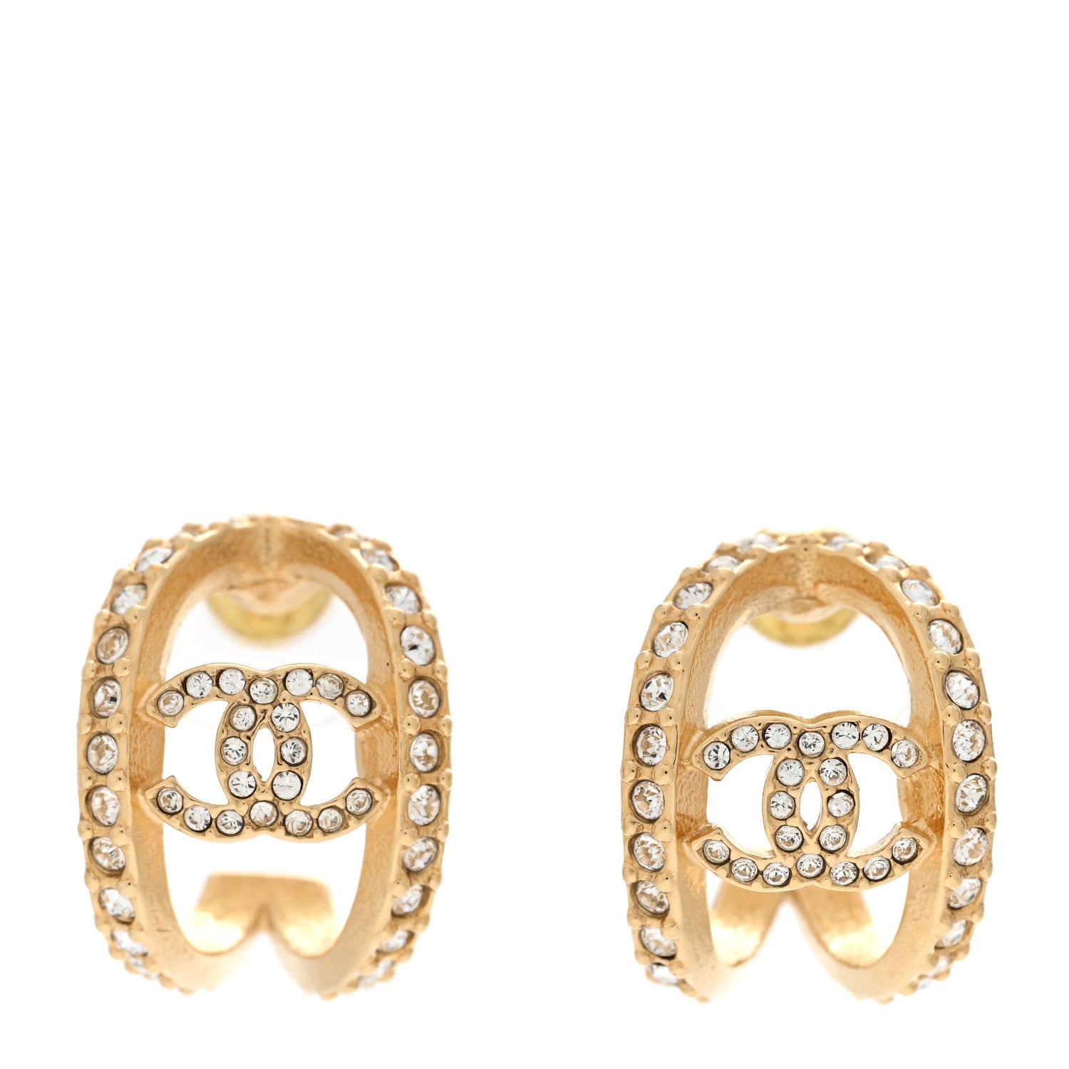 Chanel Crystal Strass CC Double Hoop Earrings Gold 1 of 5