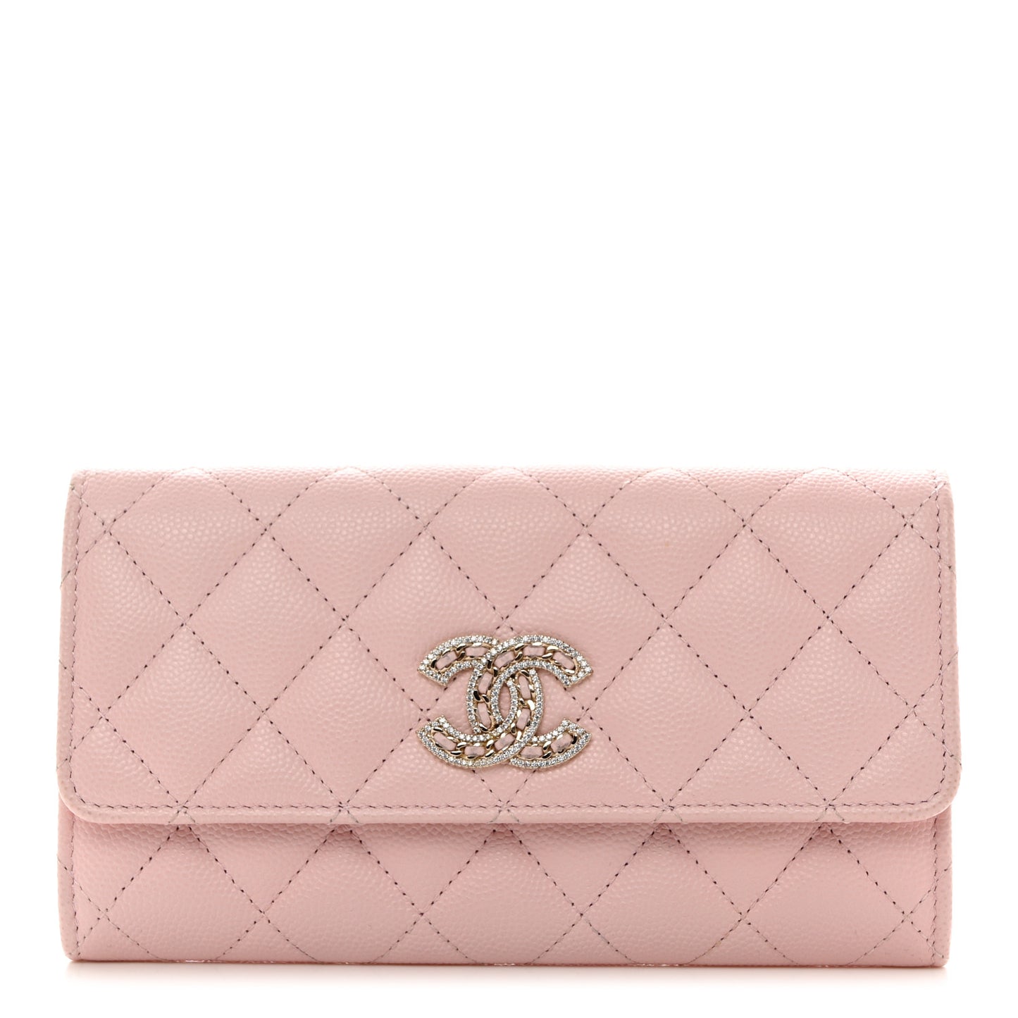 Caviar Quilted Crystal CC Large Gusset Flap Wallet Pink