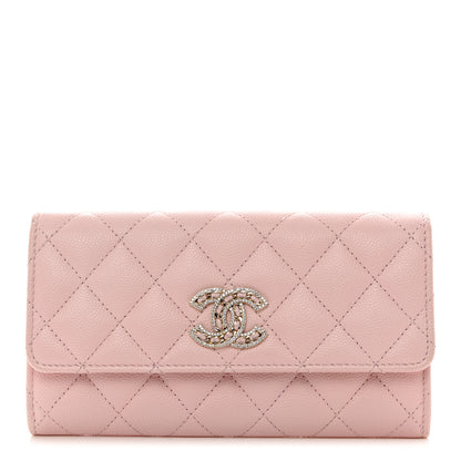Chanel Caviar Quilted Crystal CC Large Gusset Flap Wallet Pink 1 of 8