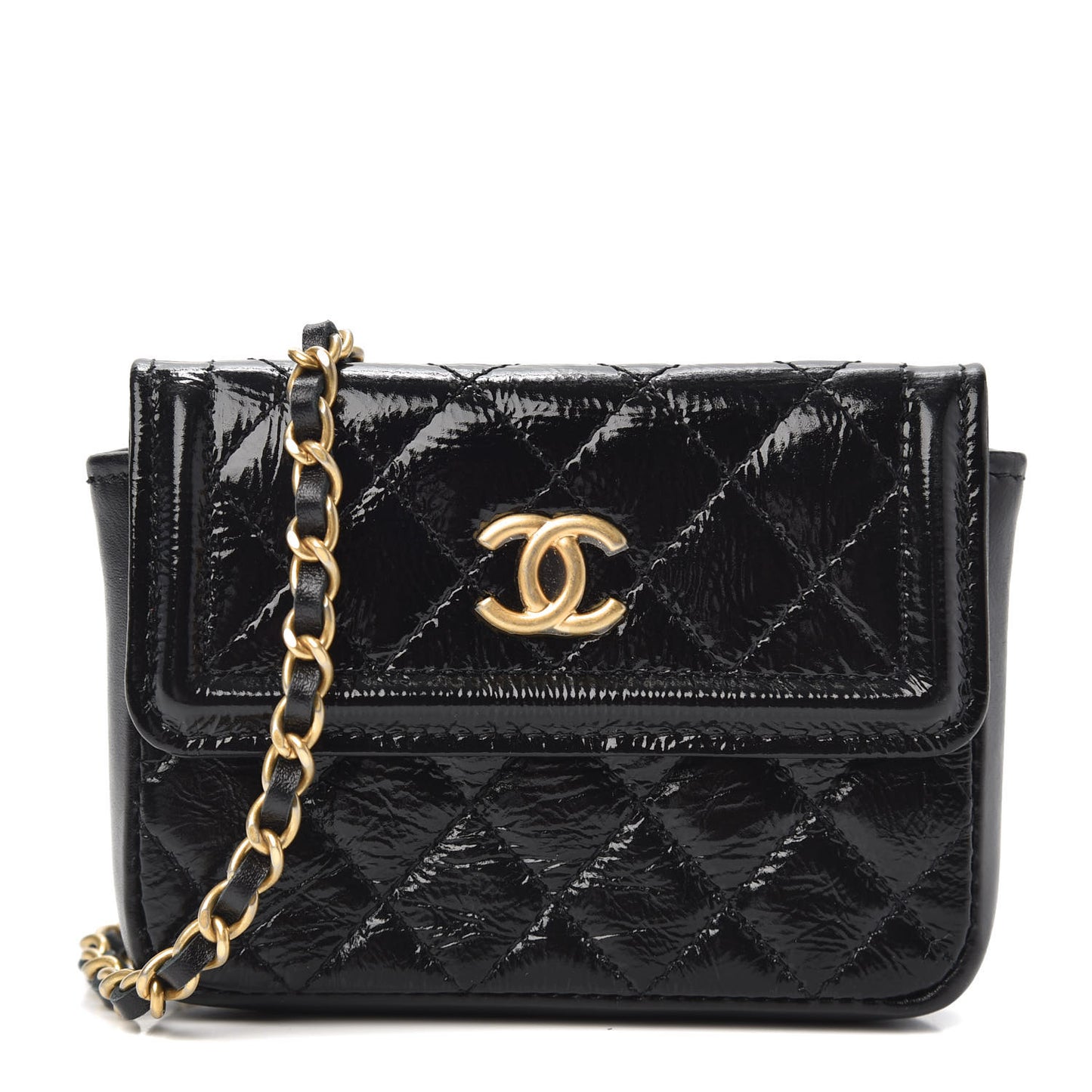 Shiny Aged Calfskin Quilted Waist Belt Bag Black