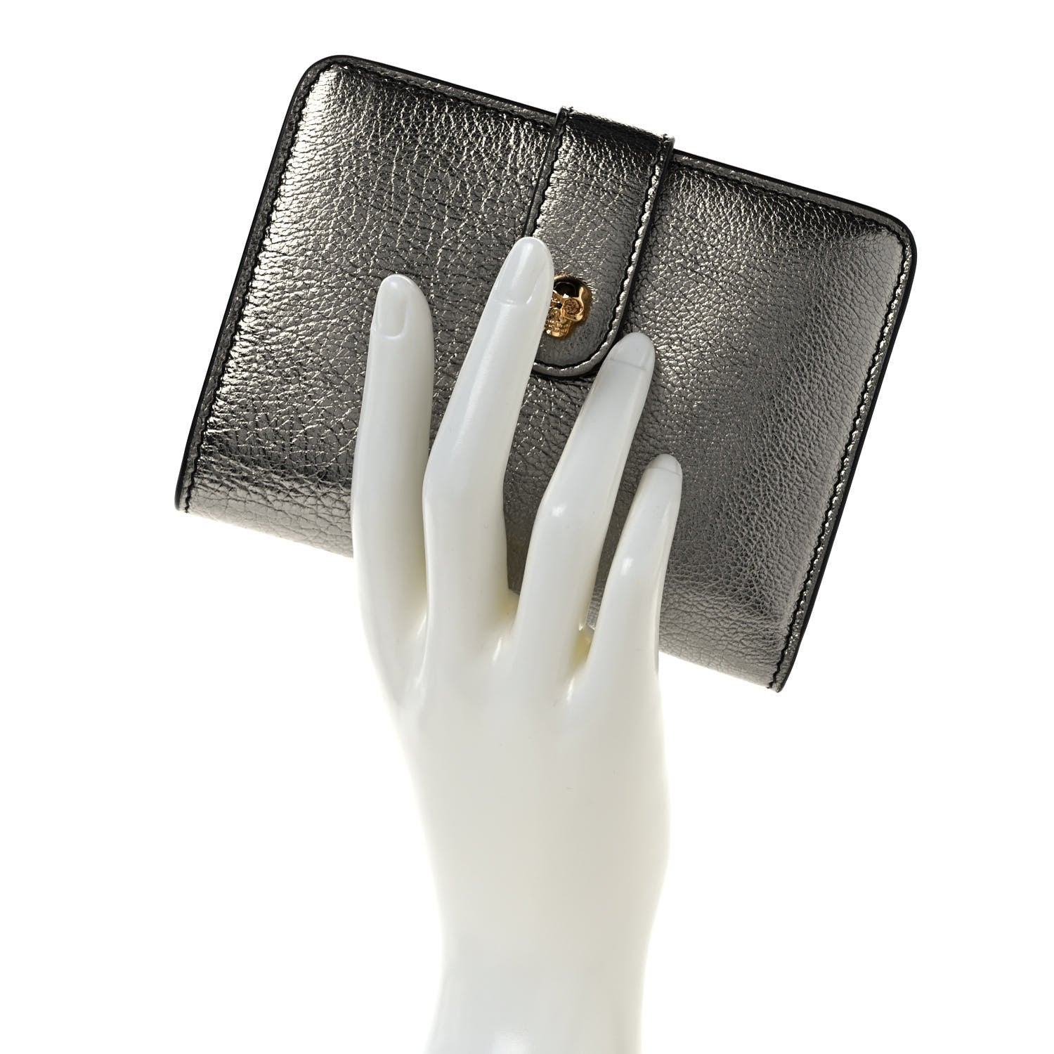 Alexander McQueen Metallic Calfskin Skull French Wallet Dark Silver 2 of 9