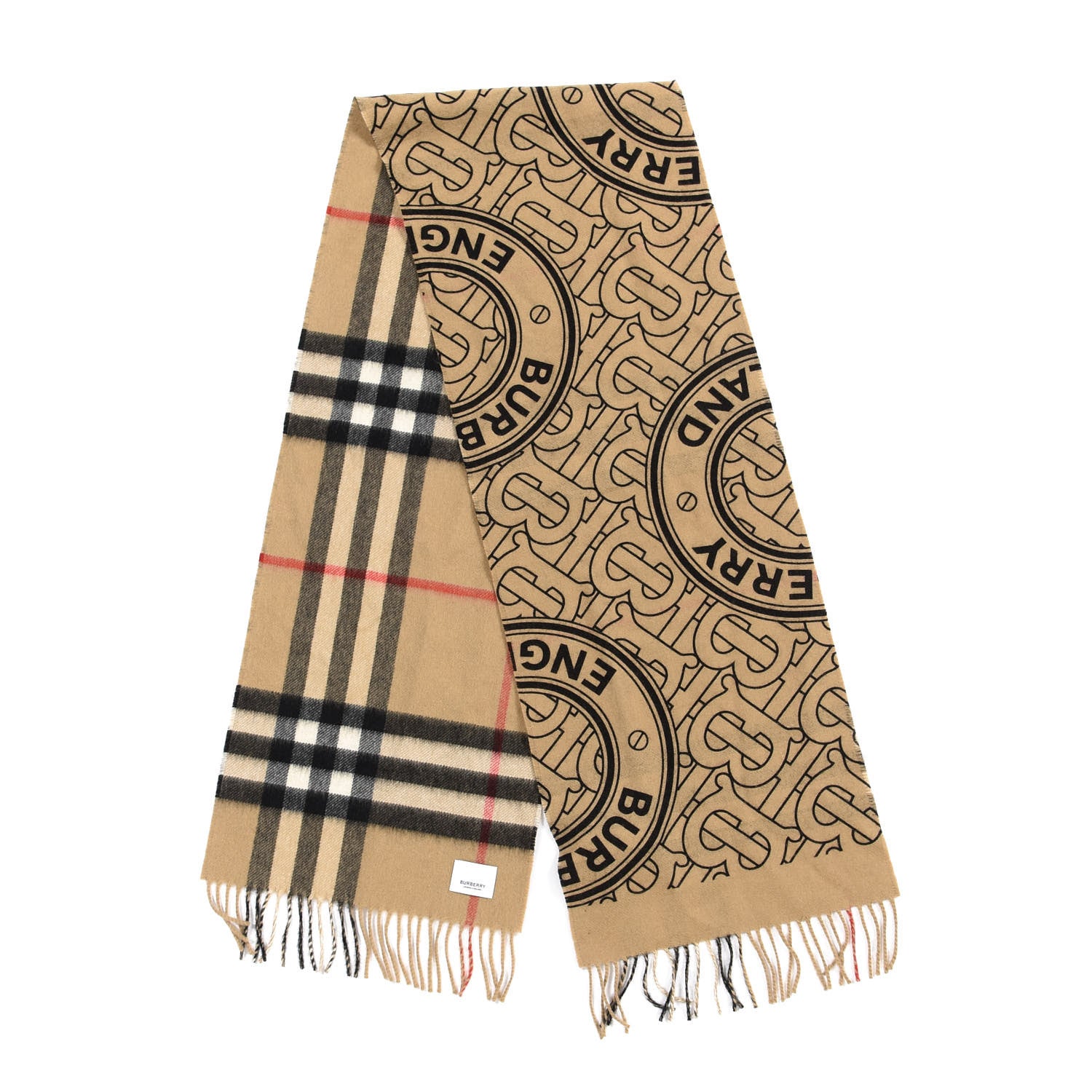 Burberry Cashmere Giant Check Monogram Reversible Fringe Scarf Archive Beige 2 of 4