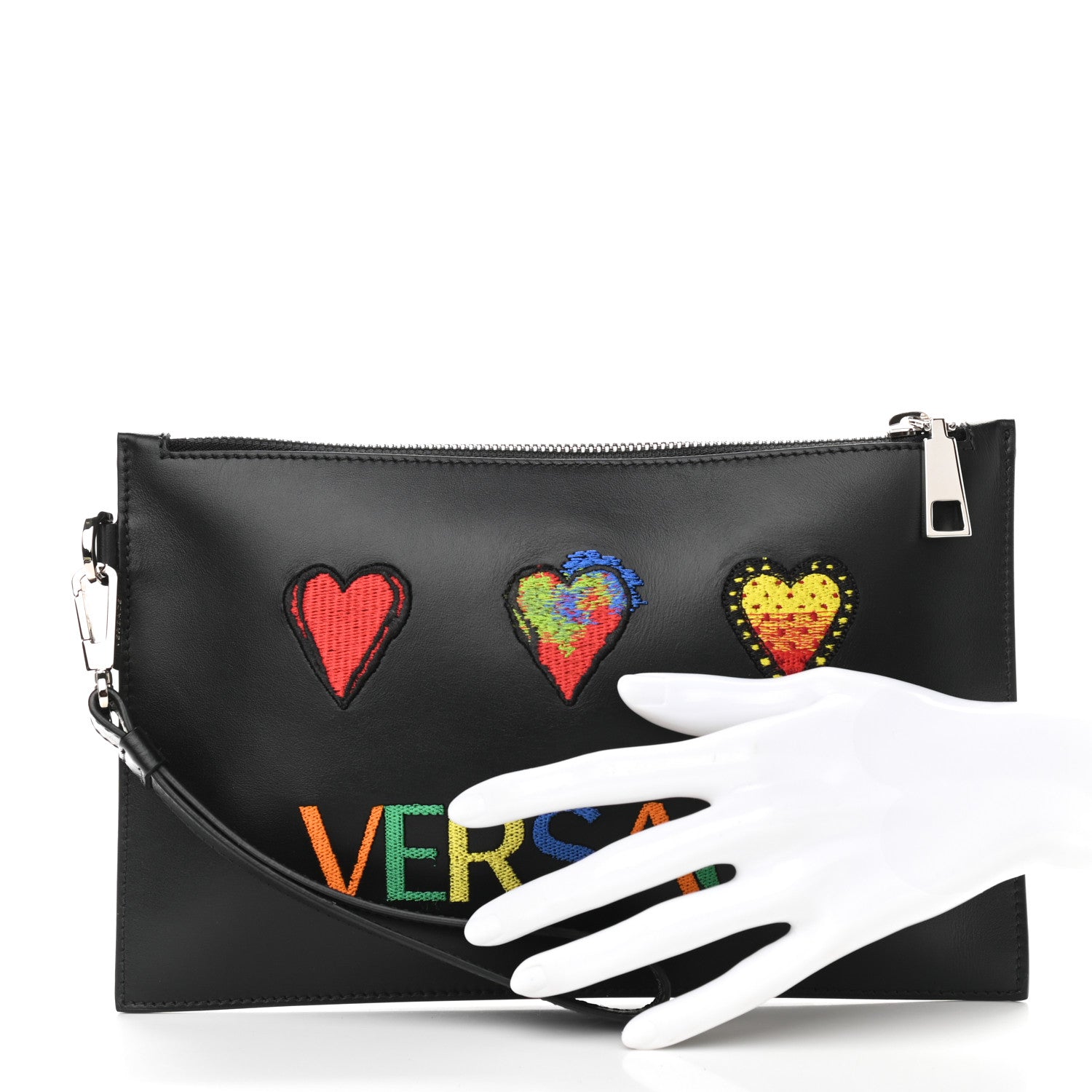 Versace Calfskin Small Embroidered Hearts Logo Clutch 2 of 9