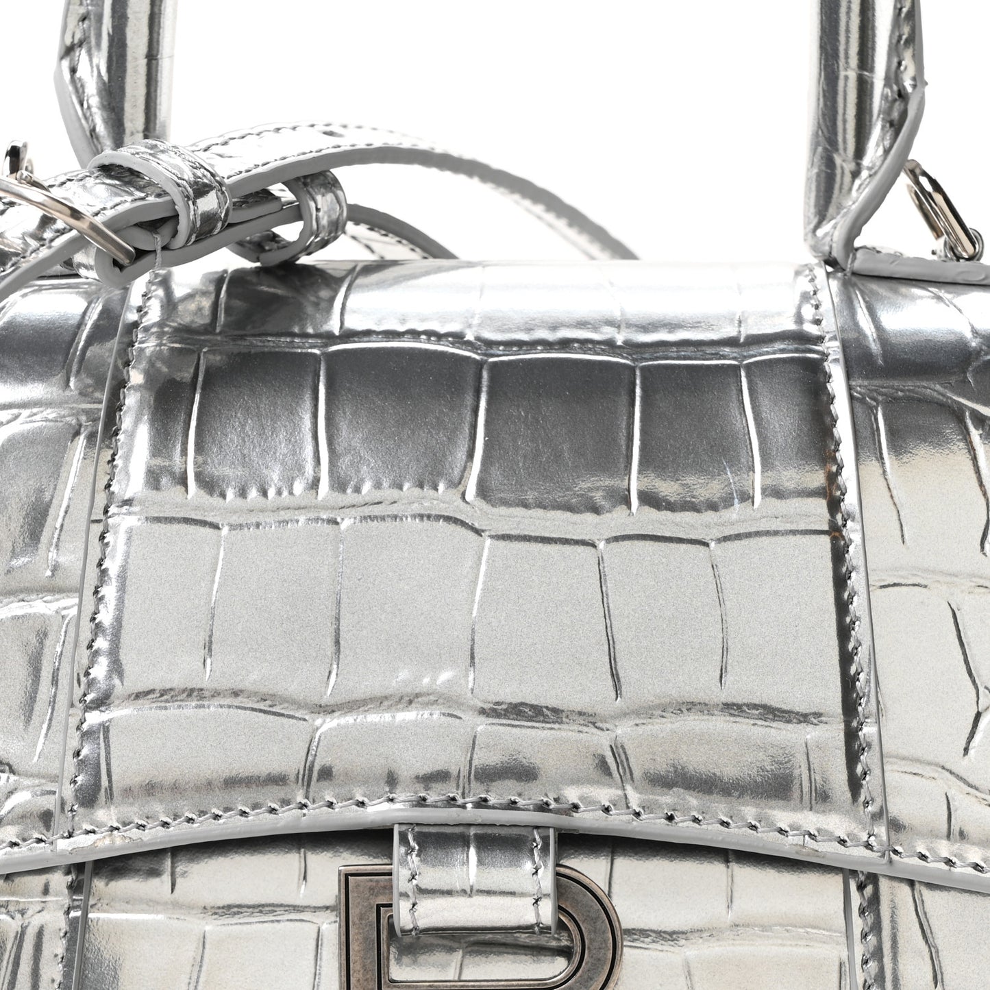 Metallic Calfskin Crocodile Embossed Hourglass Top Handle Bag XS Silver