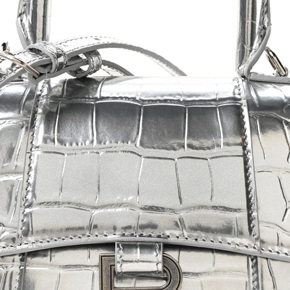 Balenciaga Metallic Calfskin Crocodile Embossed Hourglass Top Handle Bag XS Silver 7 of 9