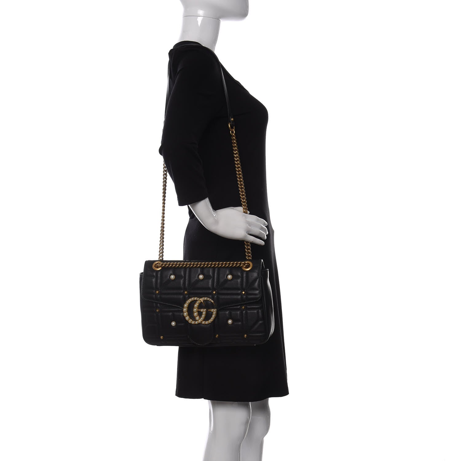 Gucci Calfskin Matelasse Studded Medium Pearly GG Marmont Shoulder Bag Black 2 of 13