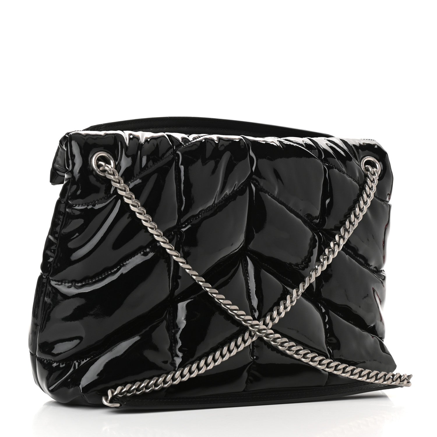 Saint Laurent Patent Lambskin Quilted Medium Loulou Puffer Monogram Chain Satchel Black 2 of 9