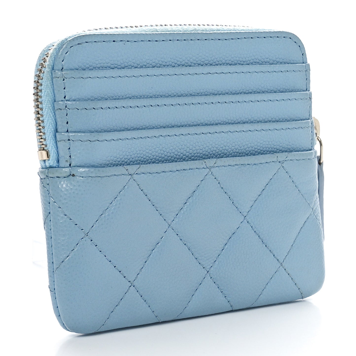 Caviar Quilted Crystal Zip Card Holder Wallet Light Blue