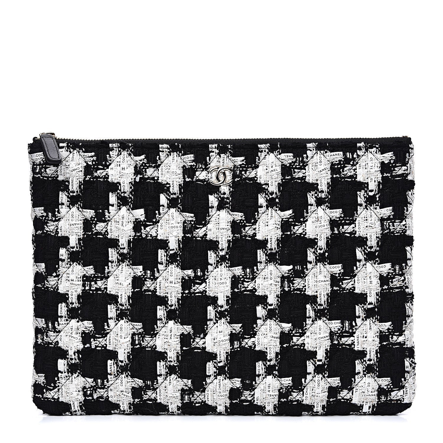 Chanel Tweed Quilted Medium Cosmetic Pouch Black Ecru White 1 of 7
