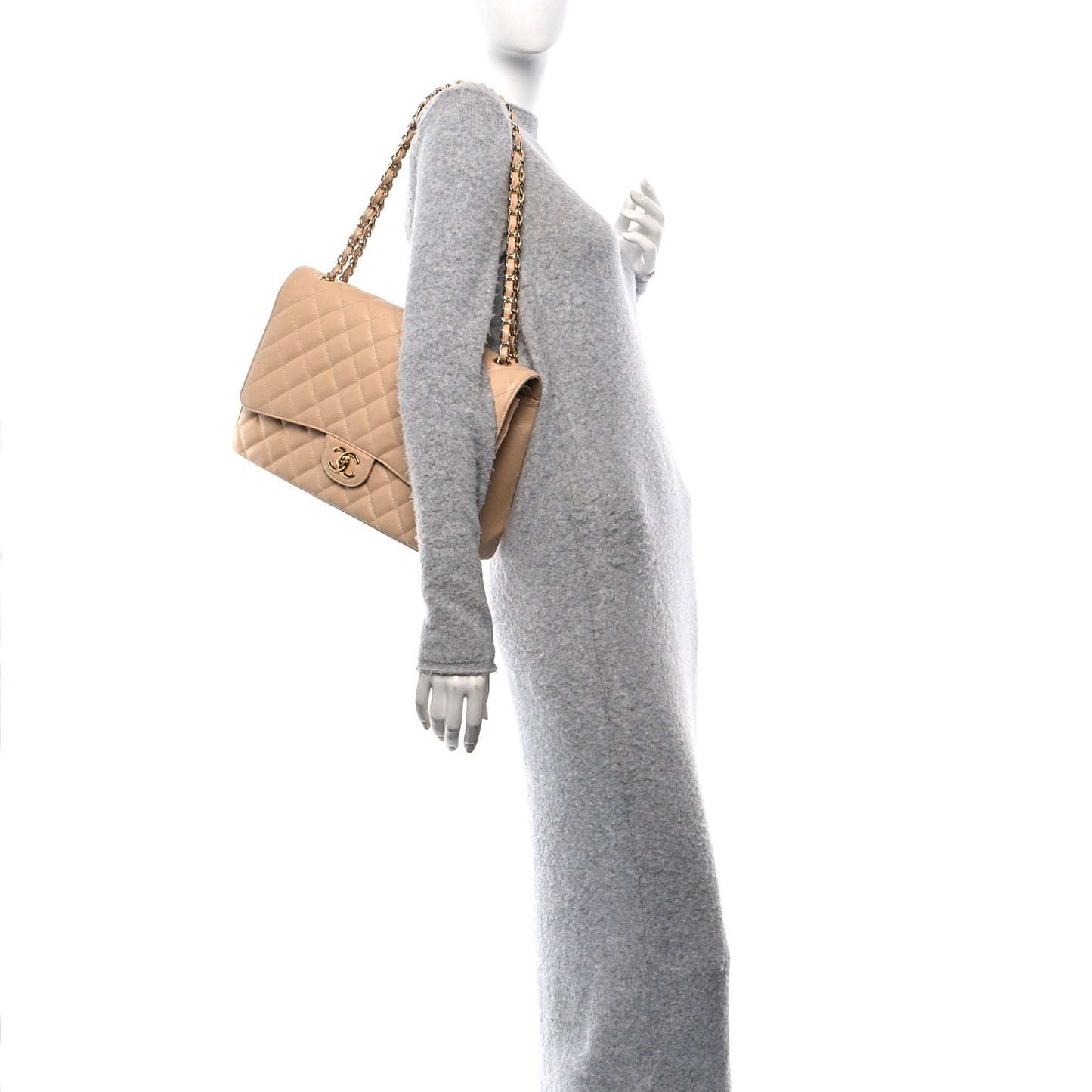 Caviar Quilted Maxi Double Flap Beige